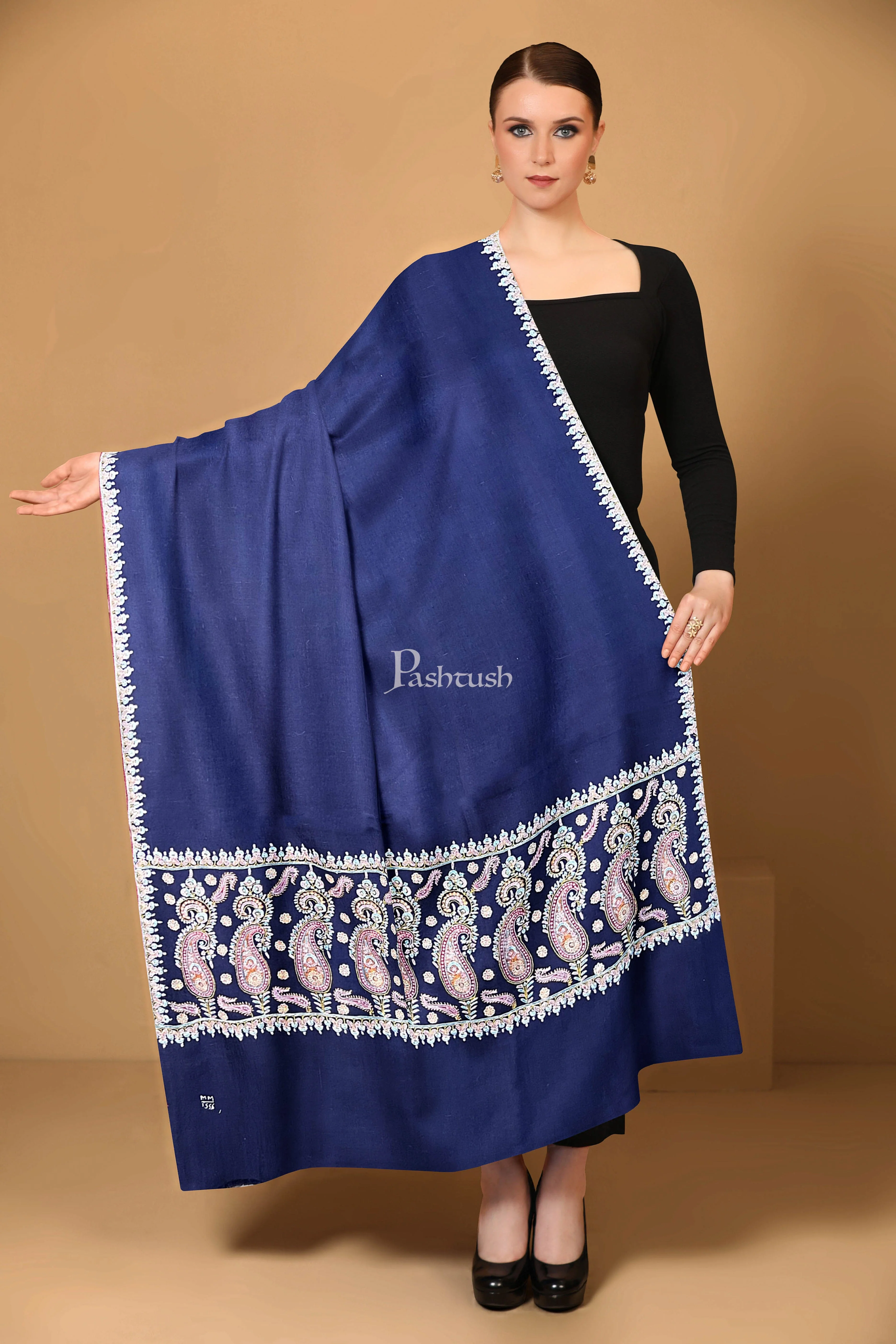 Pashtush Womens Pure Pashmina Shawl, Kashmiri Hand Embroidered, Pastel Embroidery, Royal Blue - Image 3
