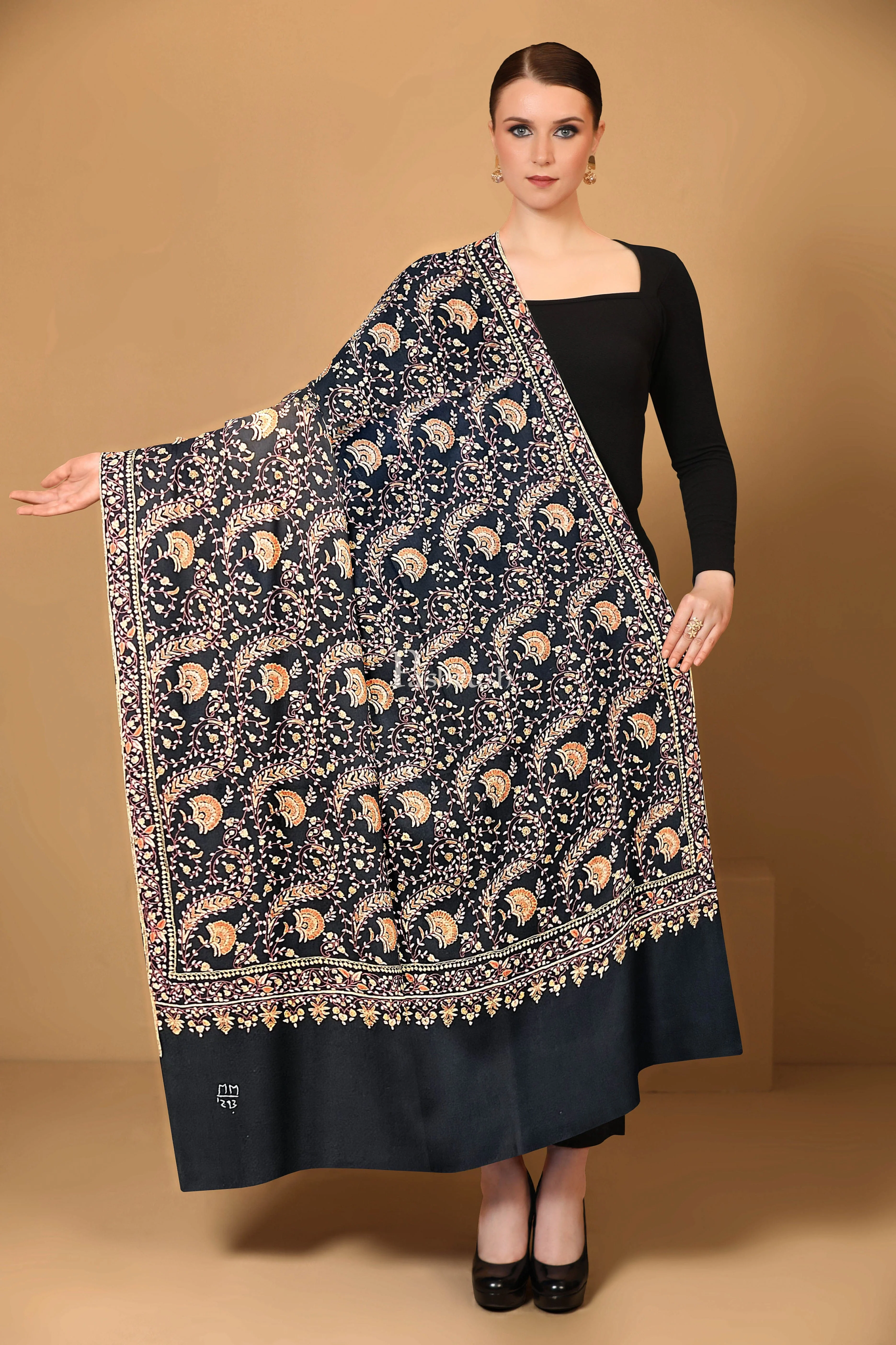 Pashtush Womens Pure Pashmina Shawl, Kashmiri Hand Embroidery, Sozni Jaal, Black - Image 2