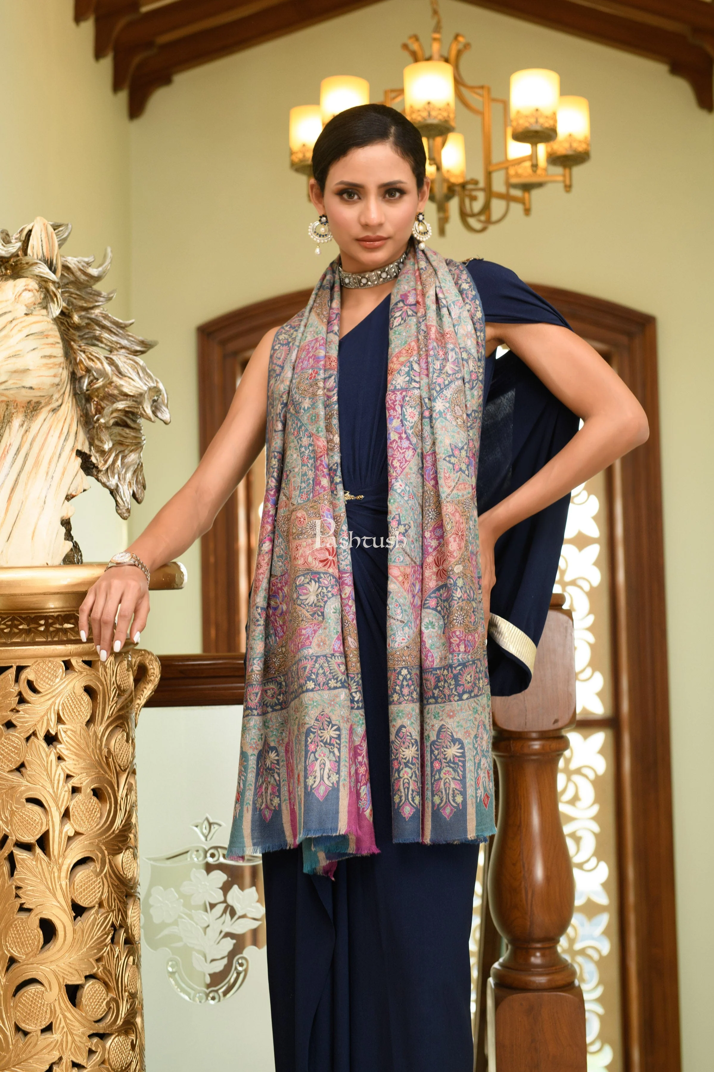 Pashtush Womens Pure Pashmina Stole, Hand Painted And Embroidered Kalamkari Design, Multicolour - Image 2