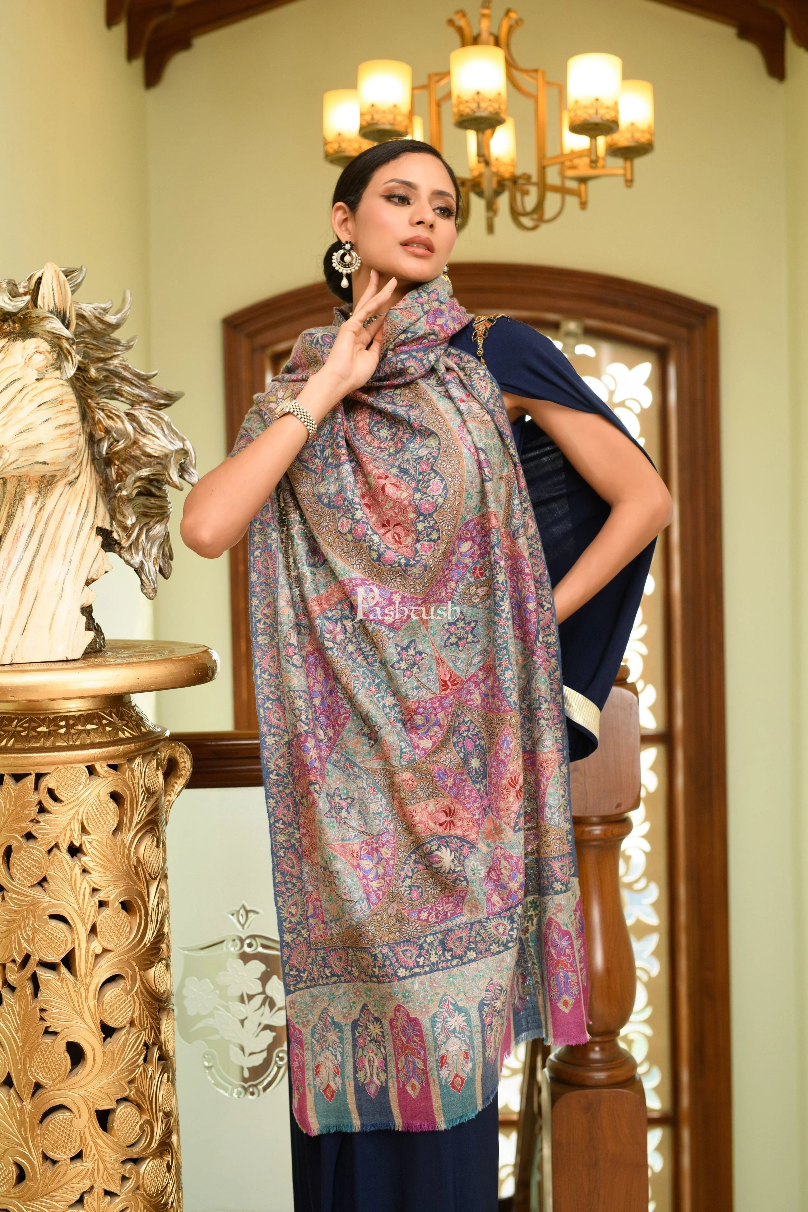 Pashtush Womens Pure Pashmina Stole, Hand Painted And Embroidered Kalamkari Design, Multicolour - Image 4