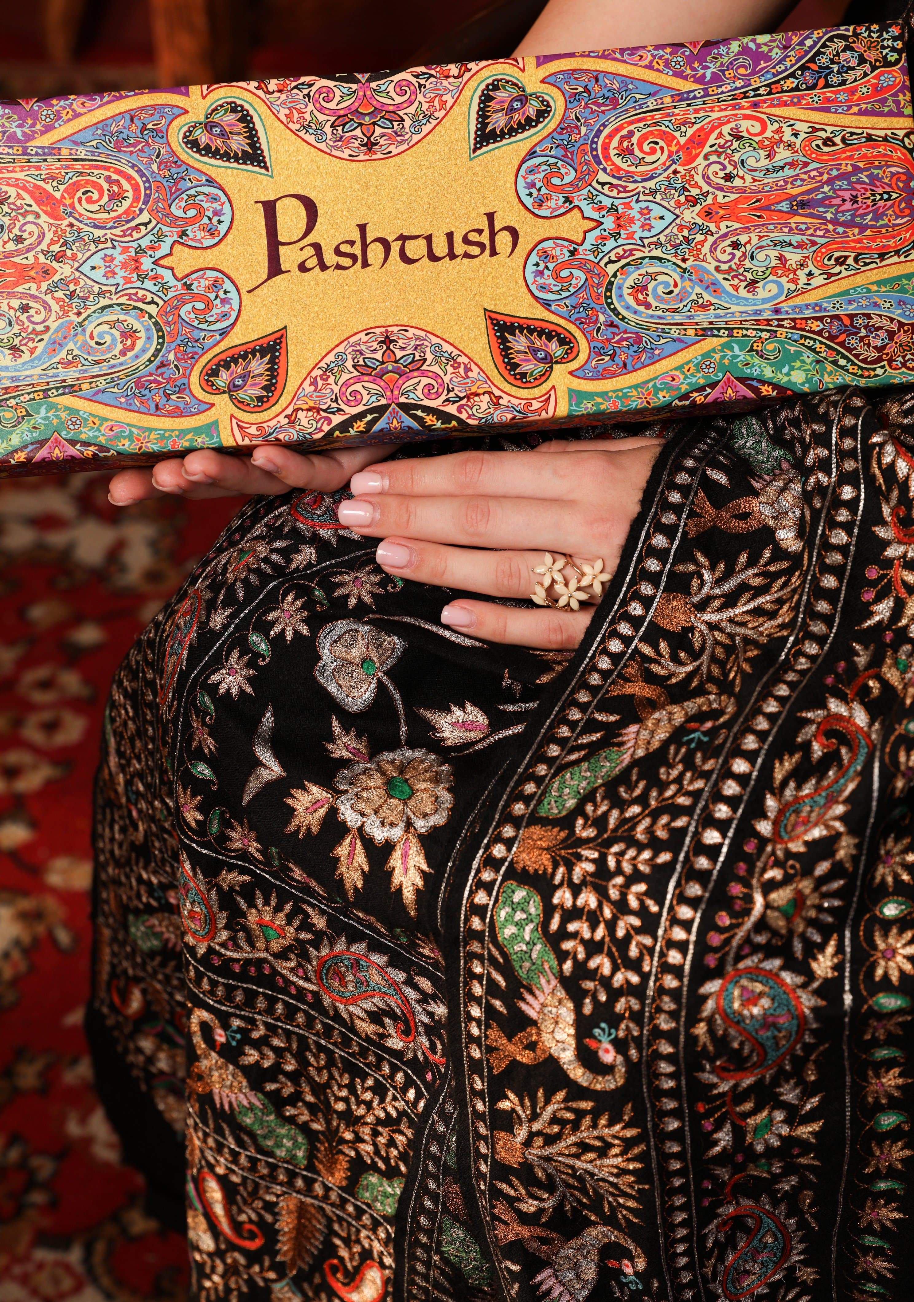 Pashtush Women'S Pashmina With Pure Tilla Work, Garden Of Paradise Aesthetic, Black - Image 3