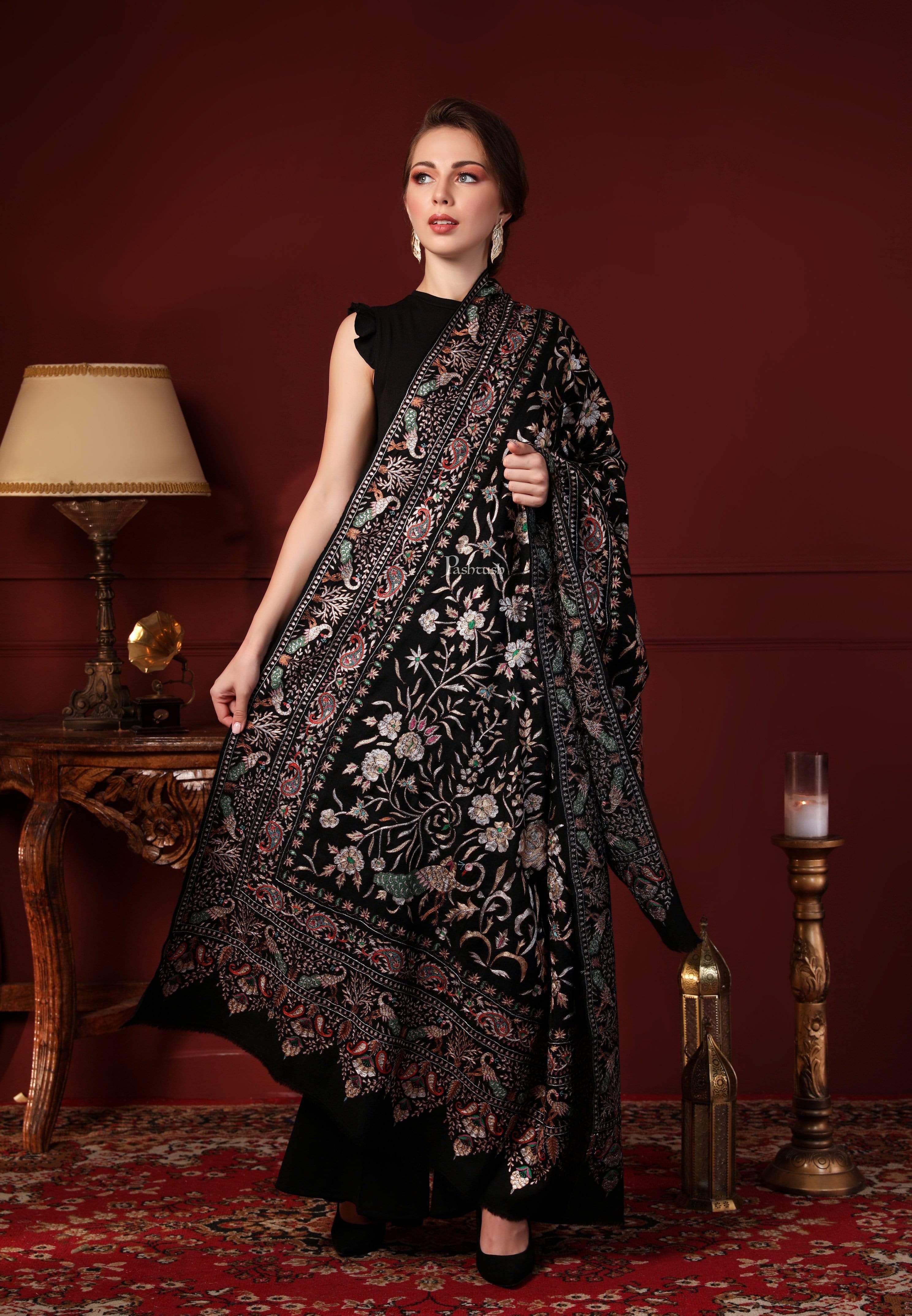 Pashtush Women'S Pashmina With Pure Tilla Work, Garden Of Paradise Aesthetic, Black - Image 4