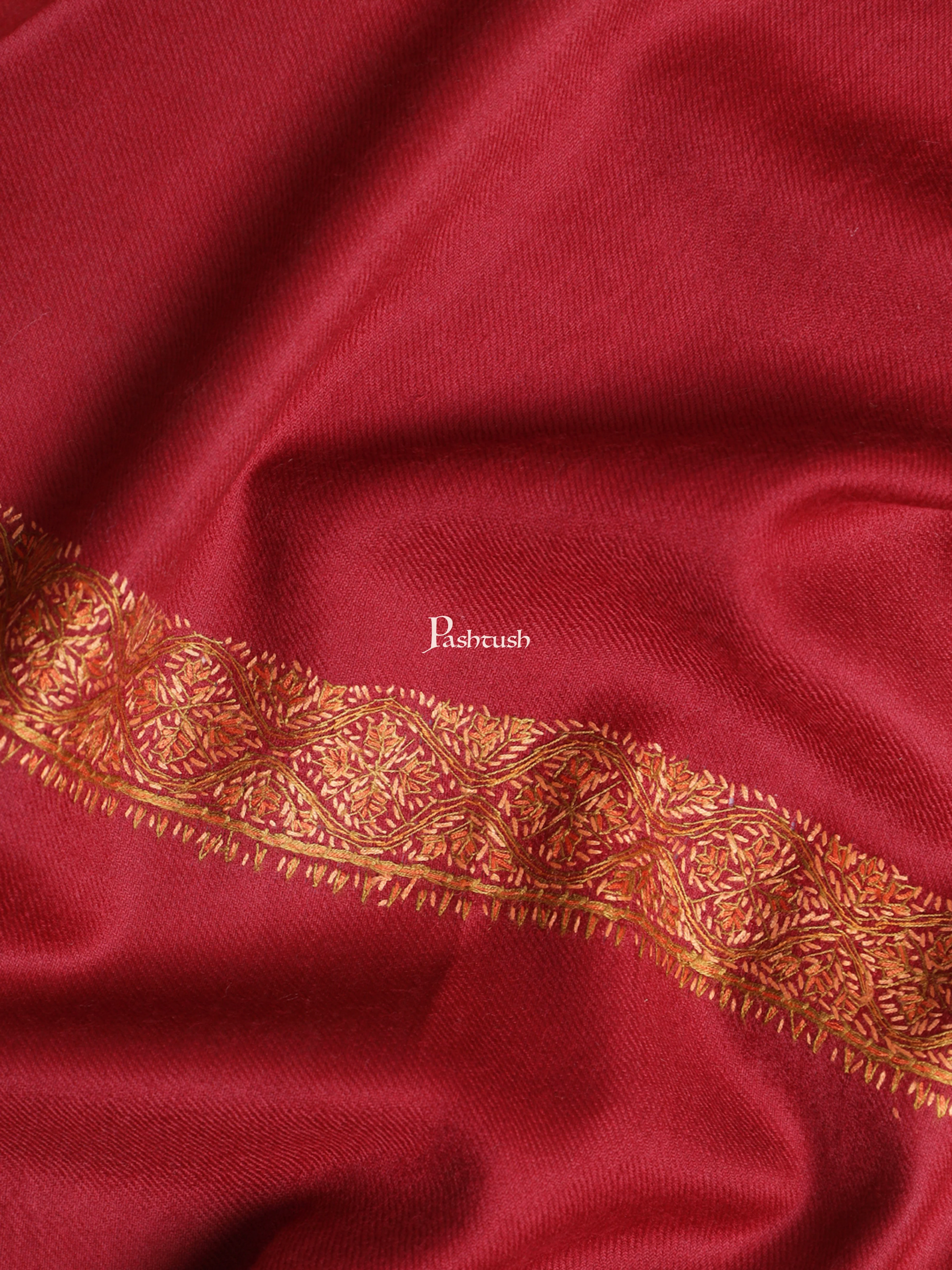 Pashtush Womens Pure Wool Embroidery Shawl, Woolmark Certificate, Hand Embroidery Neem daur, Maroon - Image 2