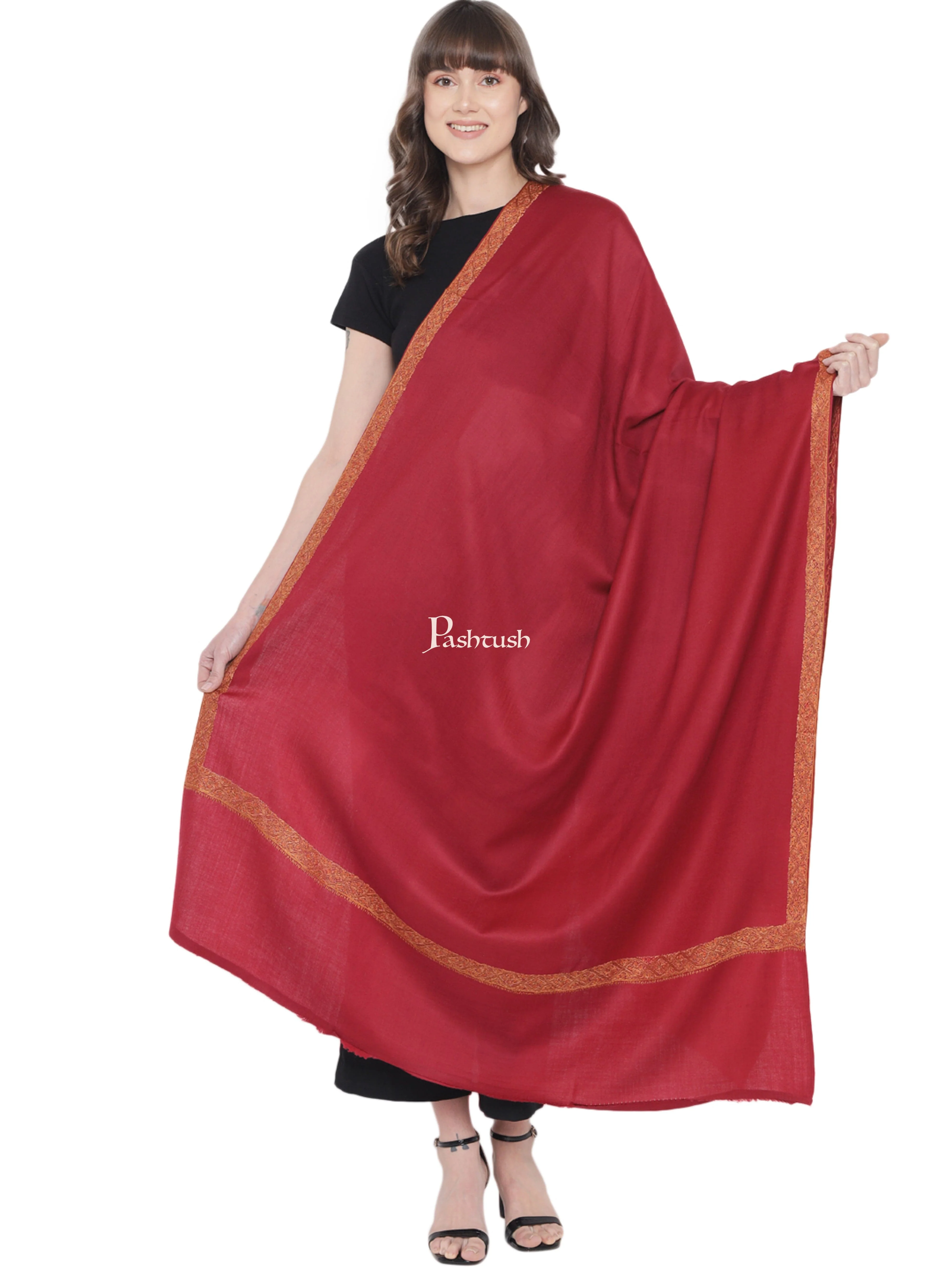Pashtush Womens Pure Wool Embroidery Shawl, Woolmark Certificate, Hand Embroidery Neem daur, Maroon - Image 3