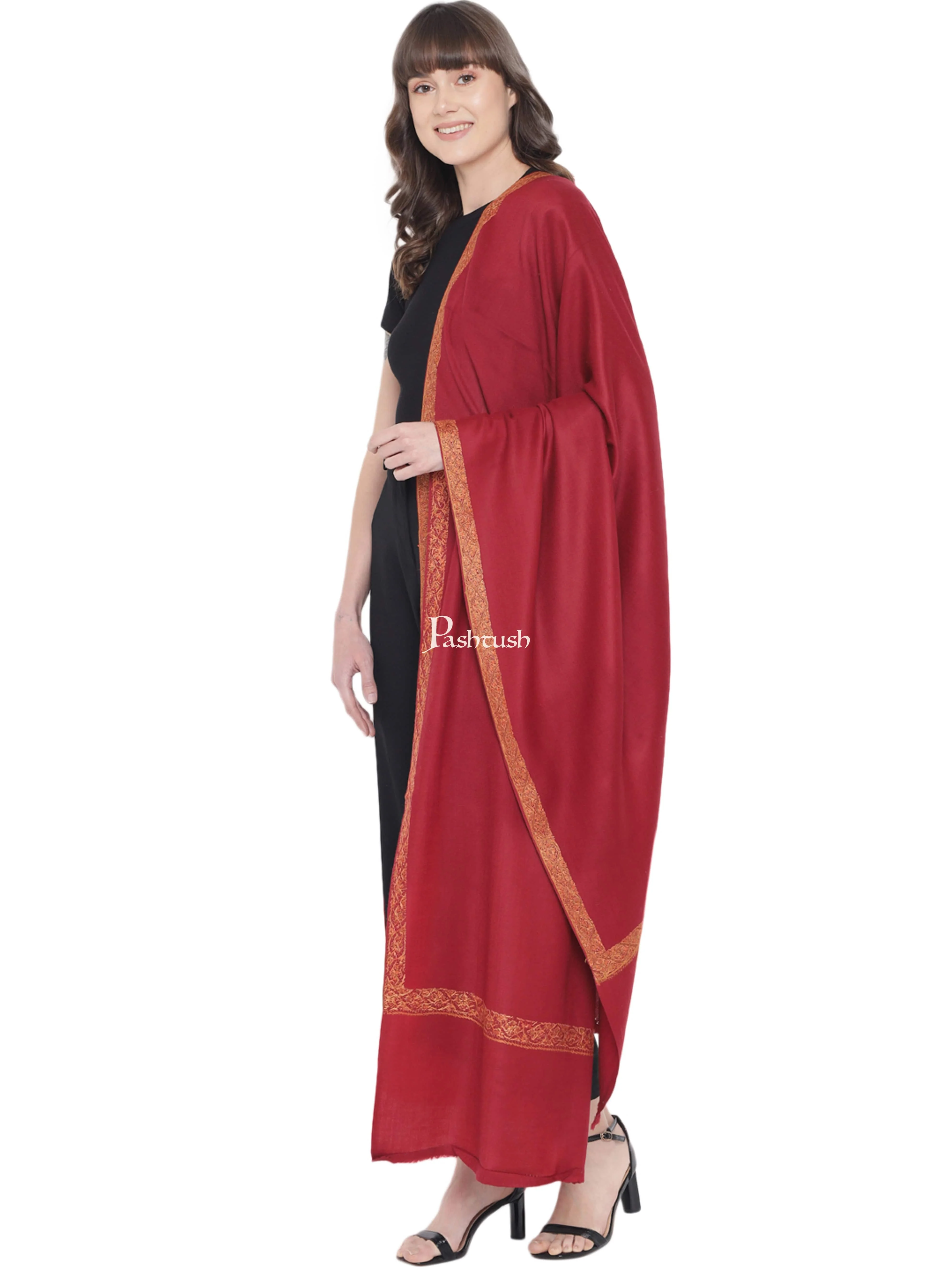 Pashtush Womens Pure Wool Embroidery Shawl, Woolmark Certificate, Hand Embroidery Neem daur, Maroon - Image 4