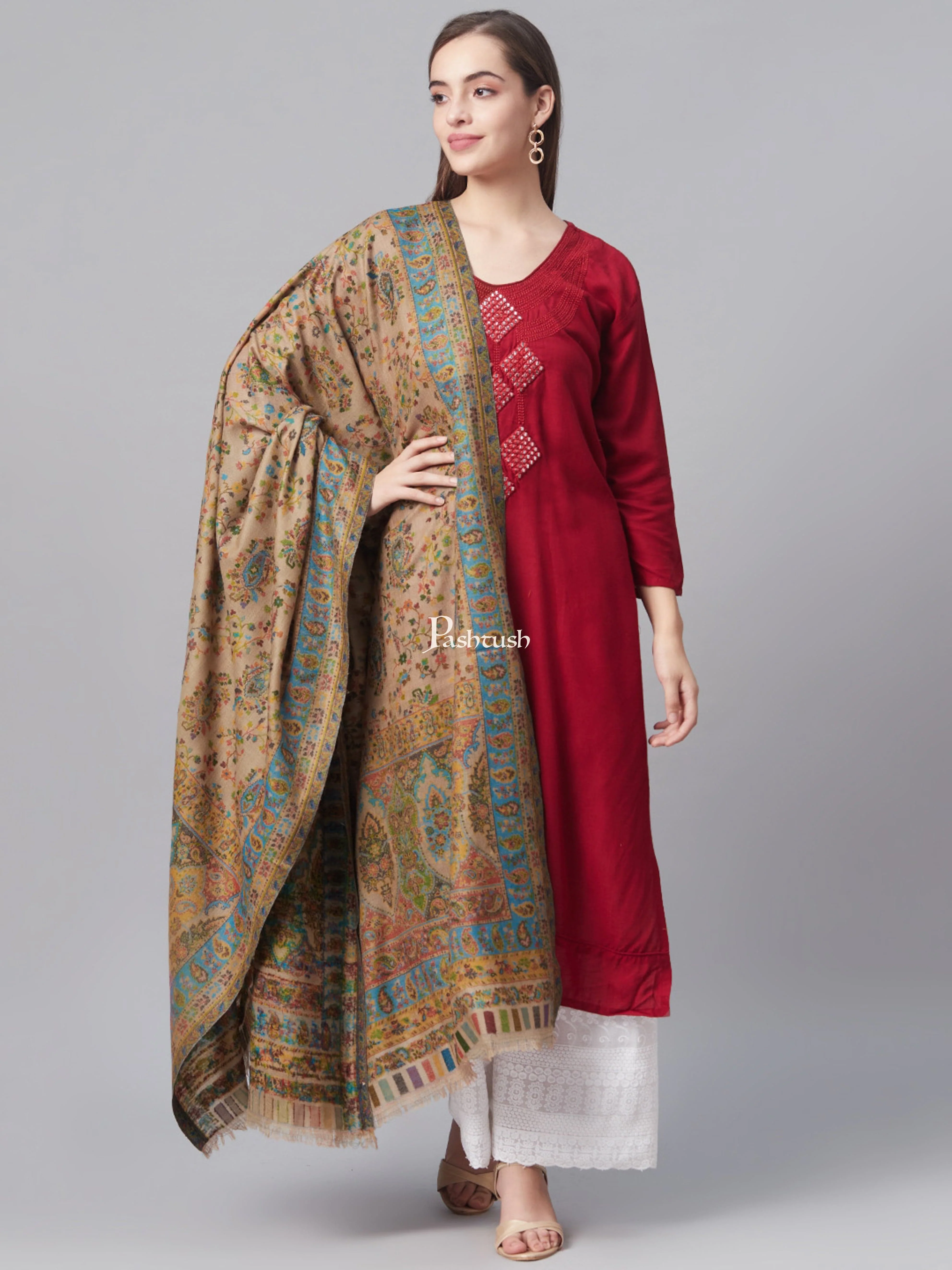 Pashtush Womens Pure Wool Ethnic Weave Shawl, With Woolmark Certificate, Natural Beige - Image 2