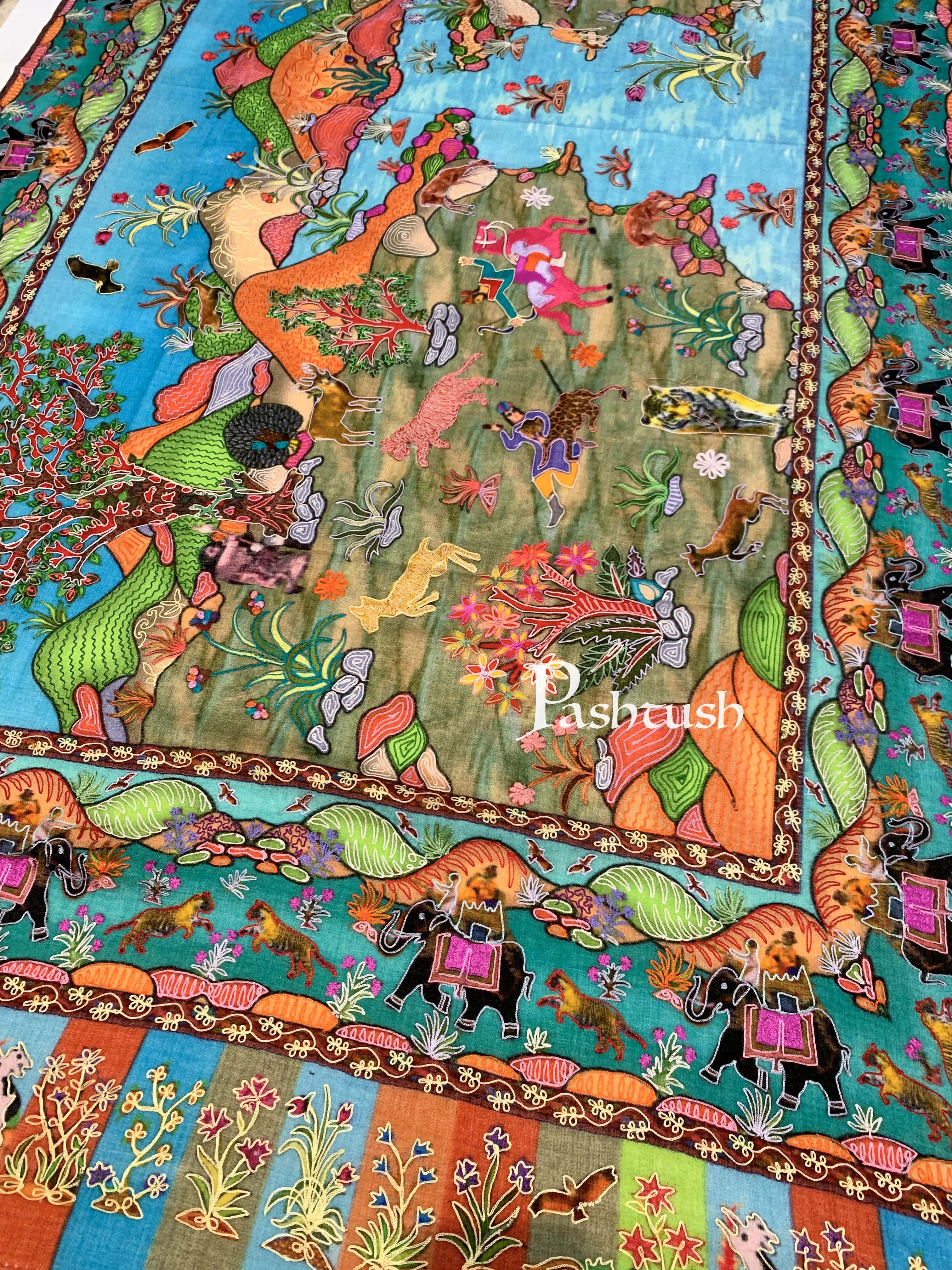 Pashtush Womens Pure Wool, Hand Embroidered Kalamkari Shawl, With Woolmark Certificate