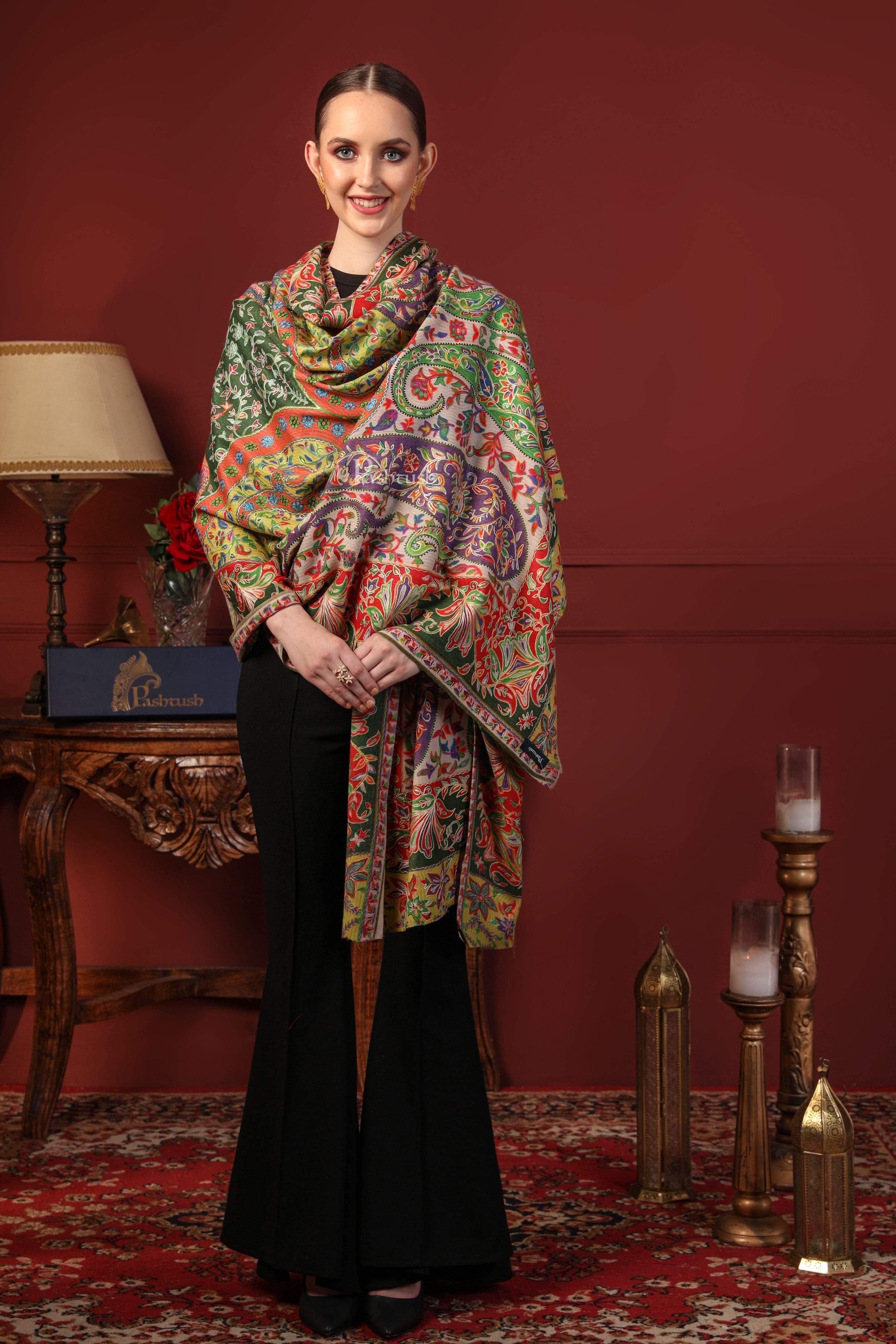 Pashtush Womens Pure Wool, Hand Embroidered Kalamkari Shawl, With Woolmark Certificate - Image 6