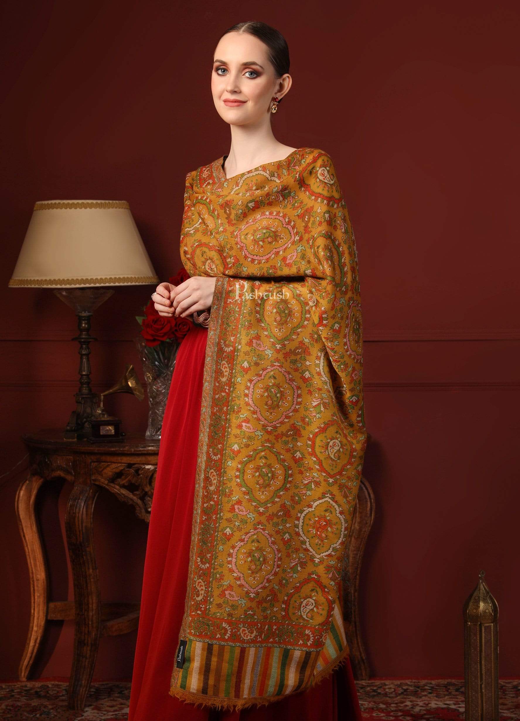 Pashtush Womens 100% Pure Wool Ethnic Stole, With Woolmark Certification,mustard - Image 3