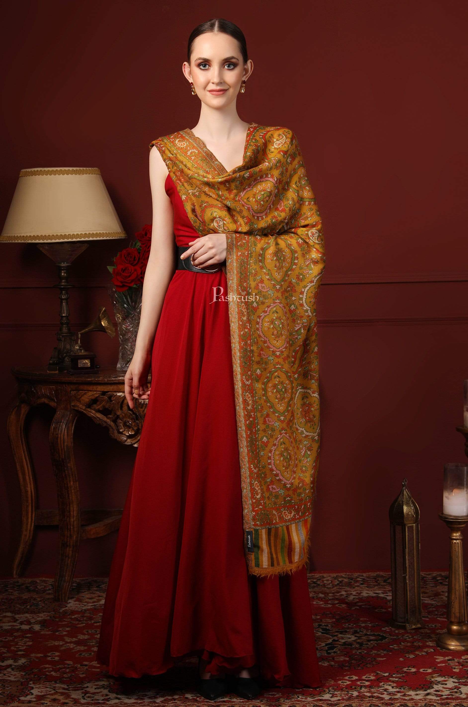 Pashtush Womens 100% Pure Wool Ethnic Stole, With Woolmark Certification,mustard - Image 4