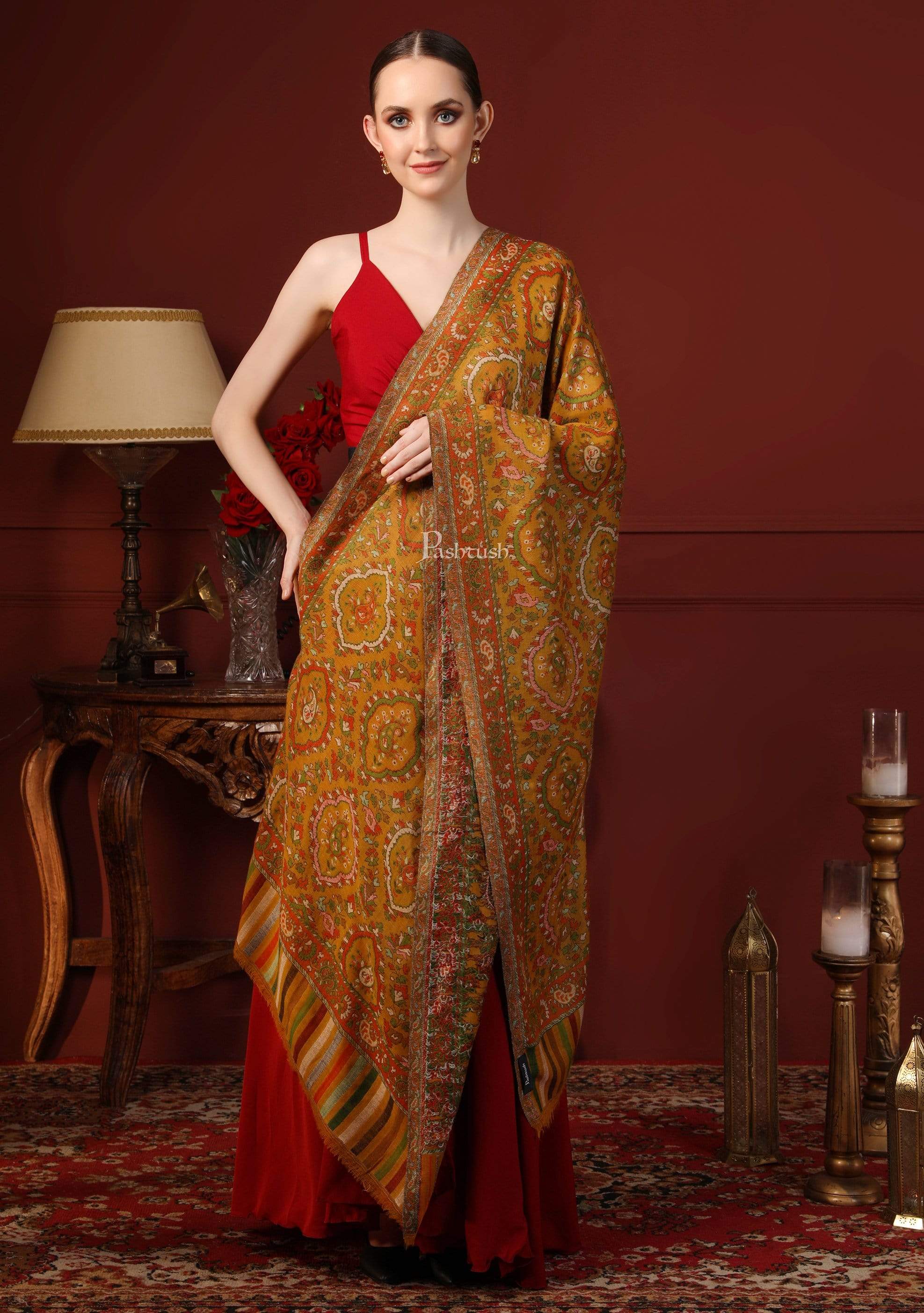 Pashtush Womens 100% Pure Wool Ethnic Stole, With Woolmark Certification,mustard - Image 5