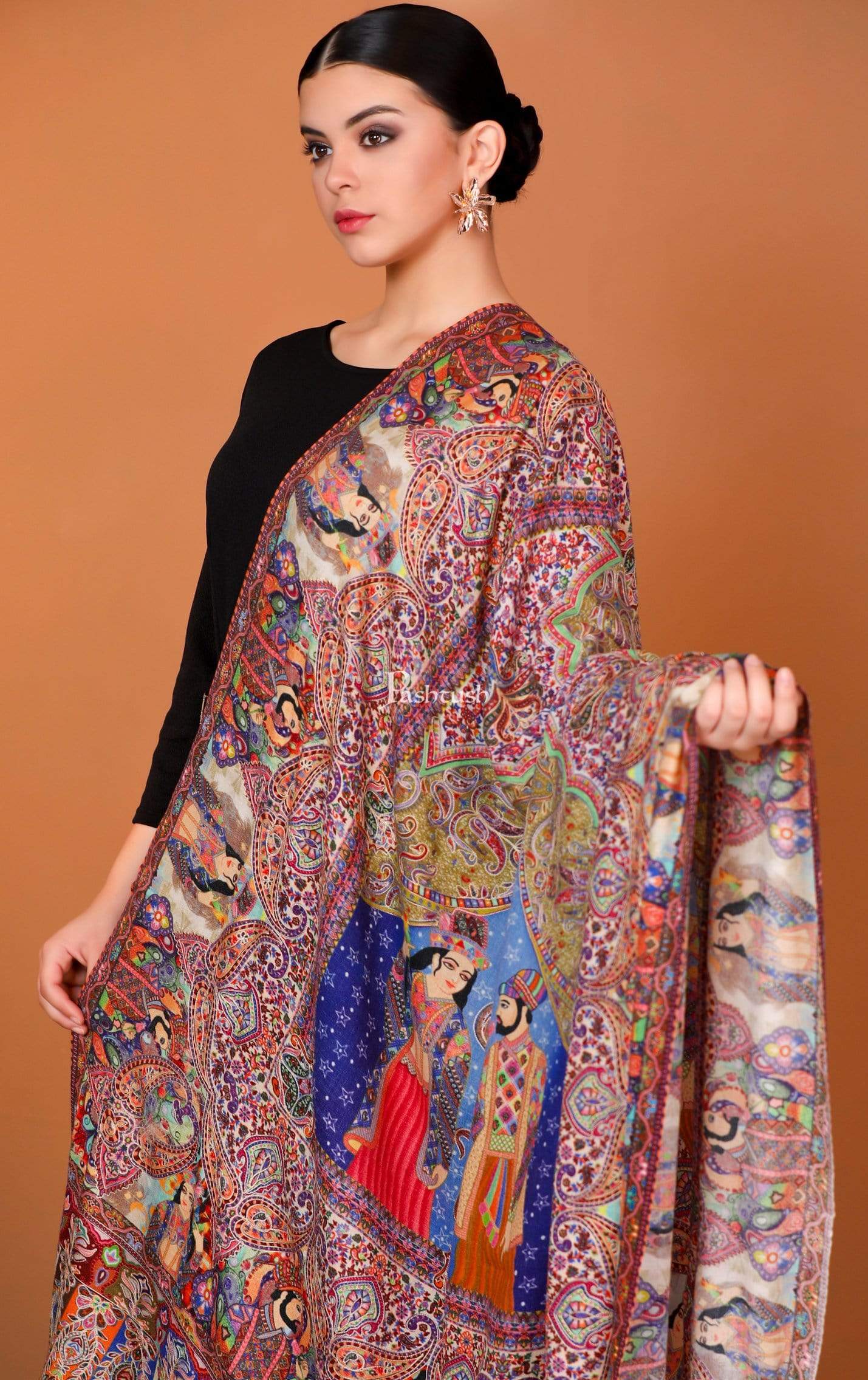 Pashtush Womens Pure Wool Moon Shawl, Love Story, Hand Embroidery Kalamkari, Woolmark - Image 7