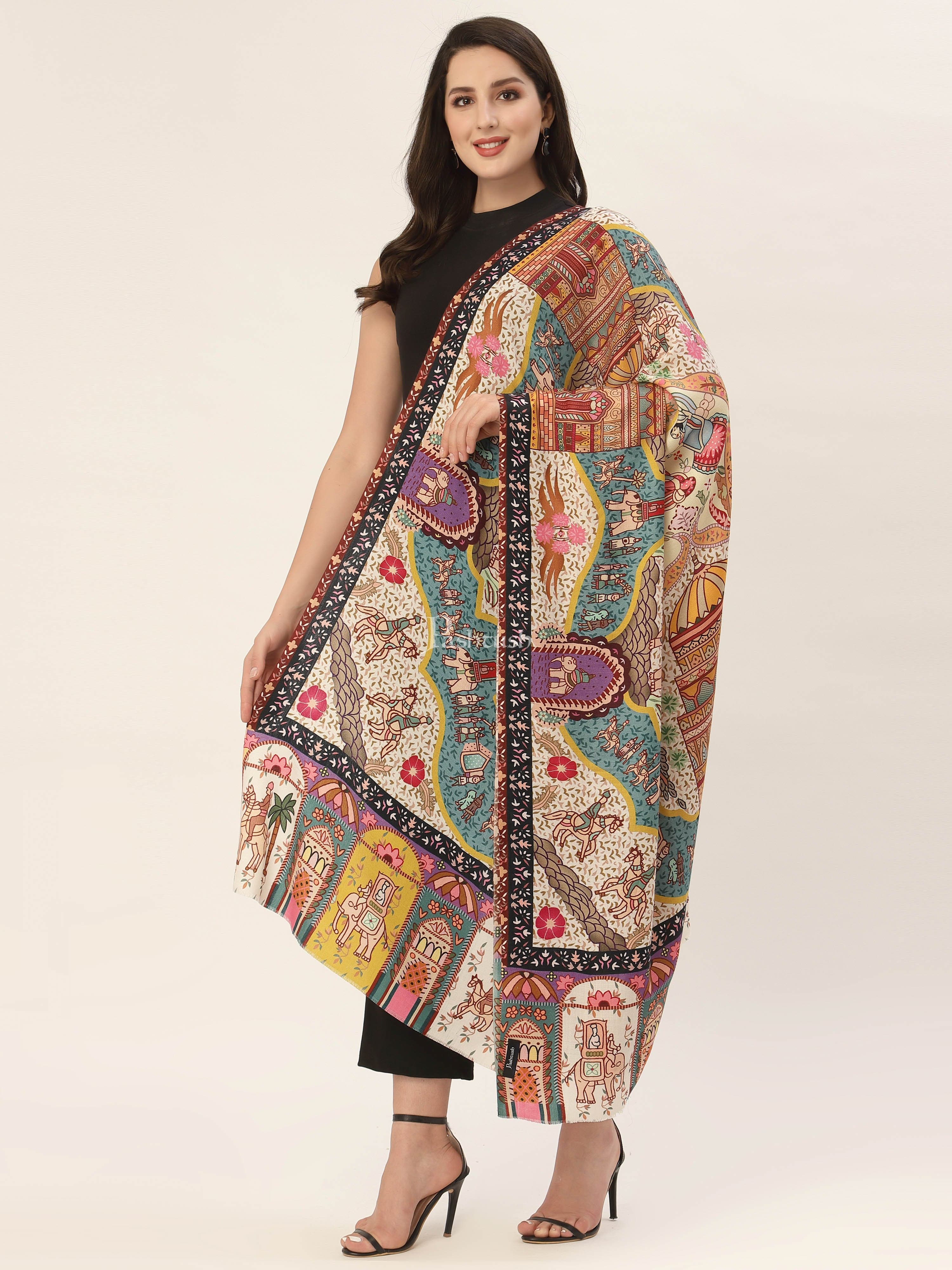 Pashtush Womens, Pure Wool, Printed Darbar Shawl, Woolmark Certified.