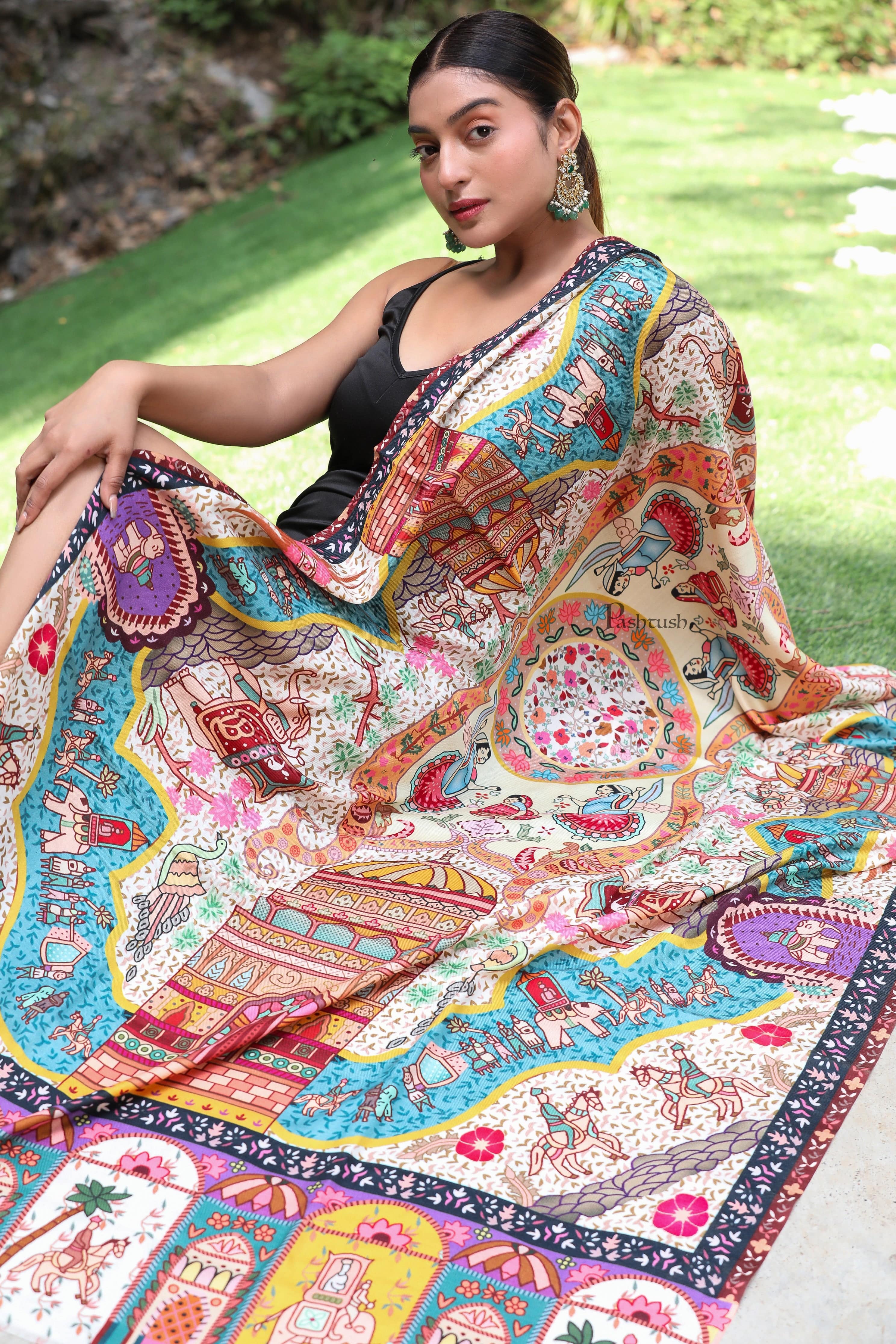 Pashtush Womens, Pure Wool, Printed Darbar Shawl, Woolmark Certified