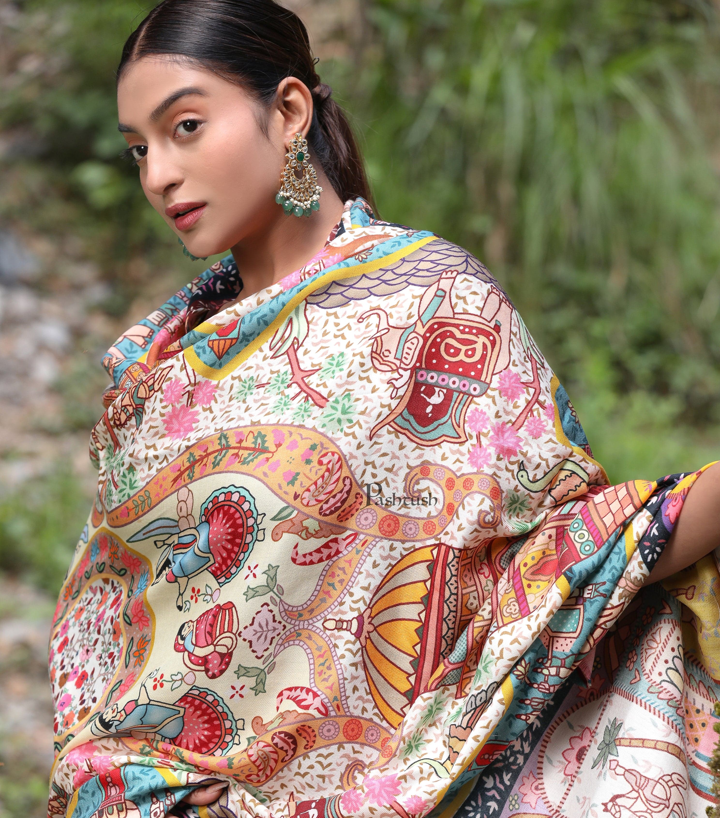 Pashtush Womens, Pure Wool, Printed Darbar Shawl, Woolmark Certified - Image 2