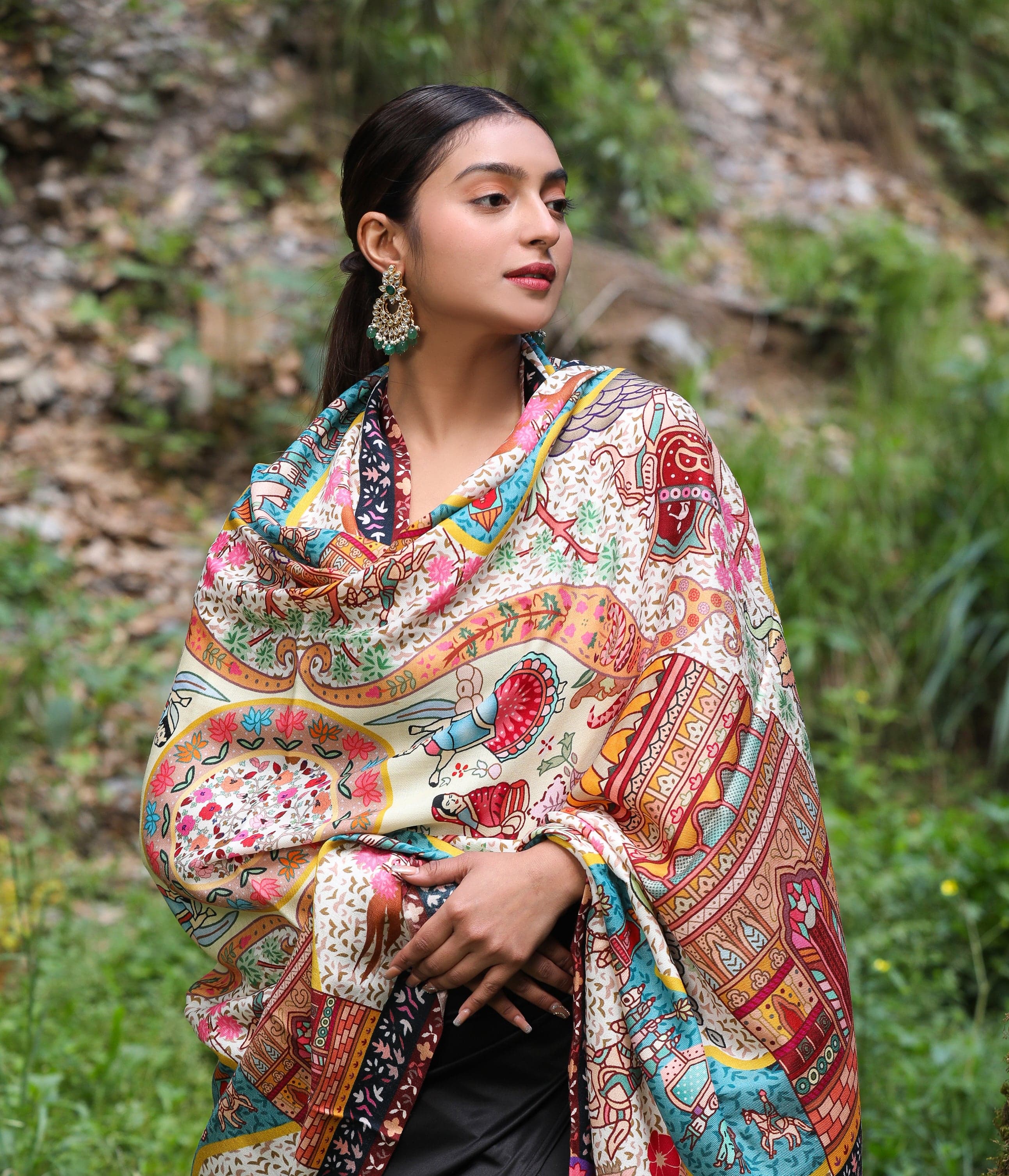 Pashtush Womens, Pure Wool, Printed Darbar Shawl, Woolmark Certified - Image 3