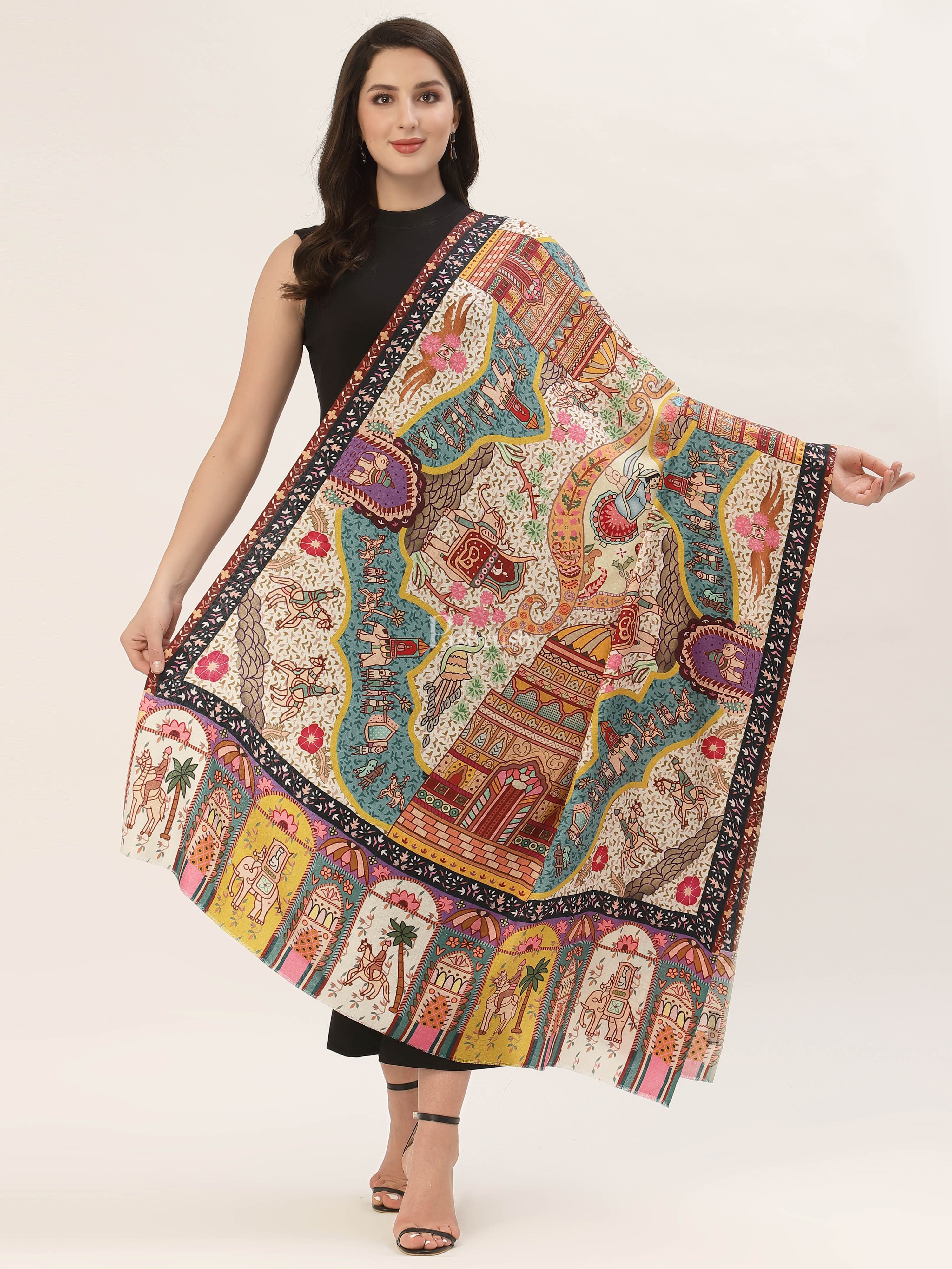 Pashtush Womens, Pure Wool, Printed Darbar Shawl, Woolmark Certified. - Image 2
