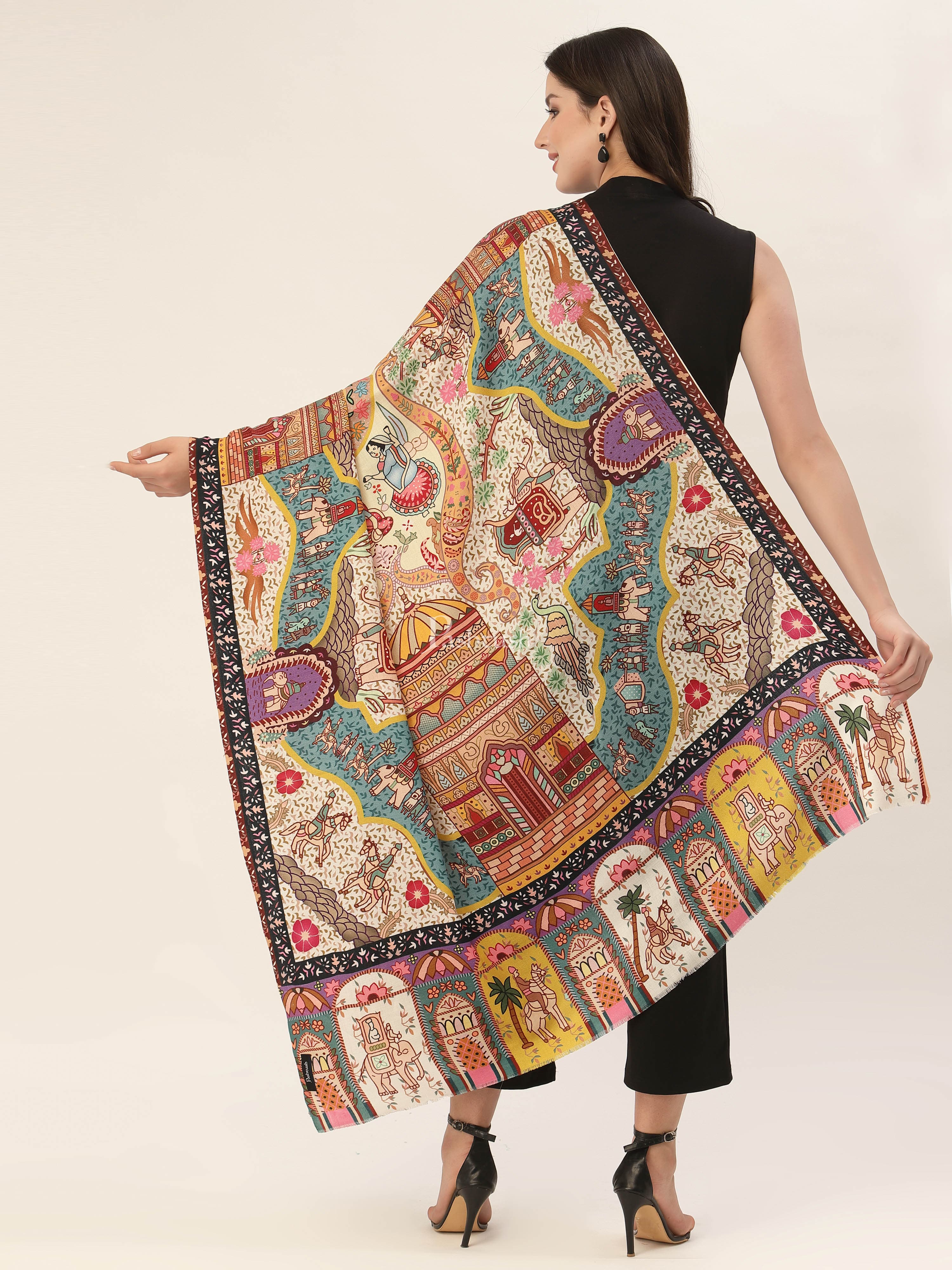Pashtush Womens, Pure Wool, Printed Darbar Shawl, Woolmark Certified. - Image 4