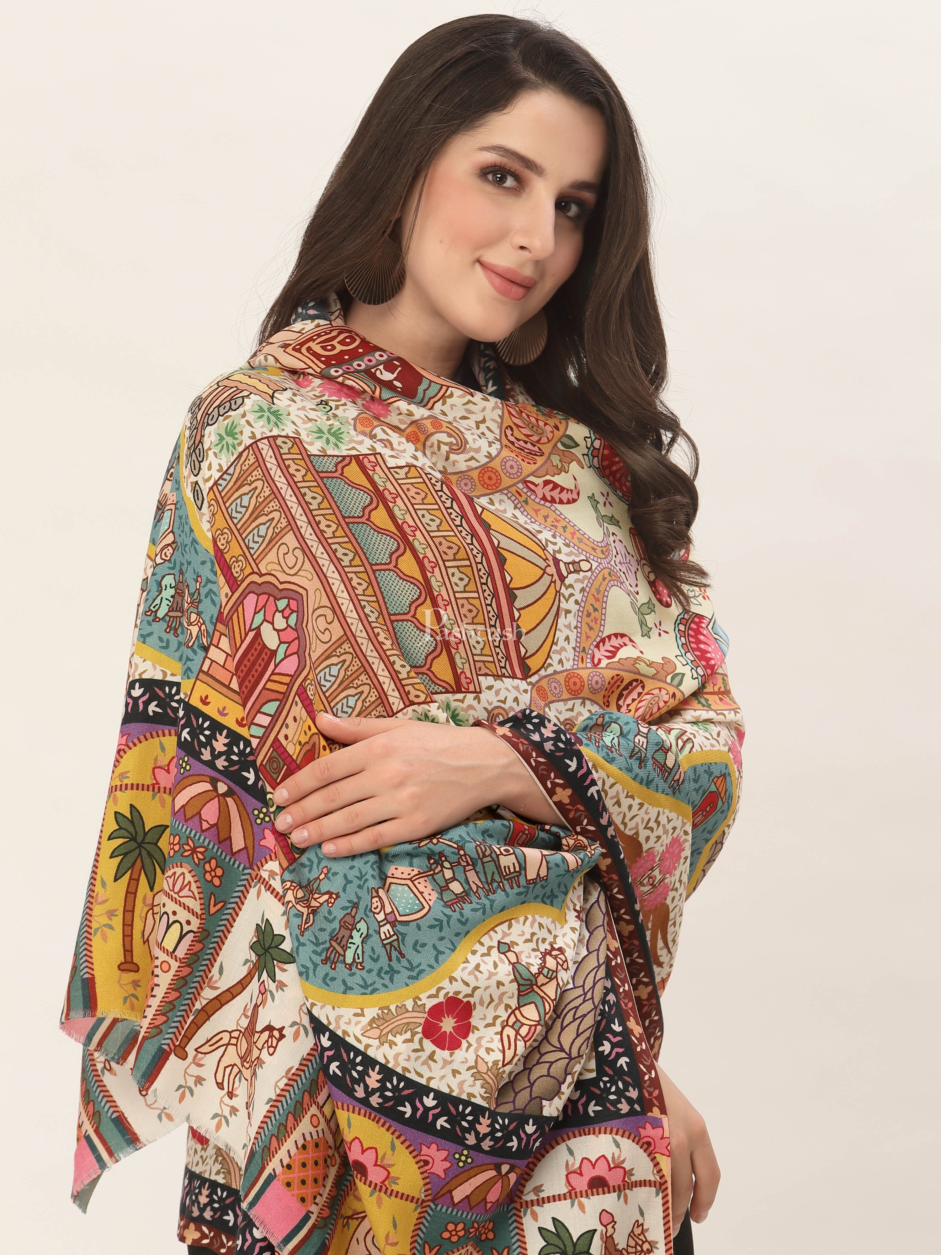 Pashtush Womens, Pure Wool, Printed Darbar Shawl, Woolmark Certified. - Image 5
