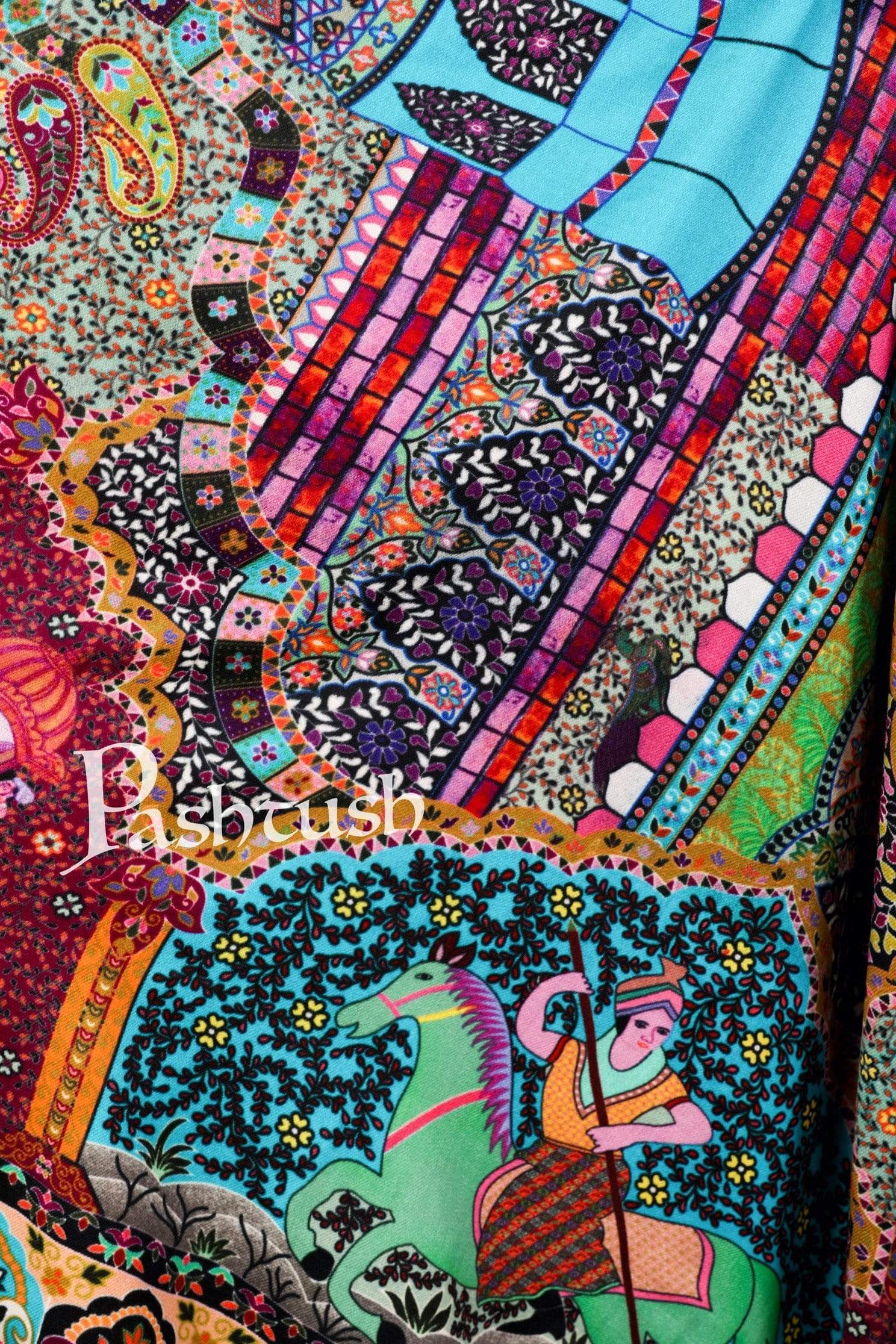 Pashtush Womens, Pure Wool, Printed Mughal Darbar Shawl, Woolmark Certified. - Image 4
