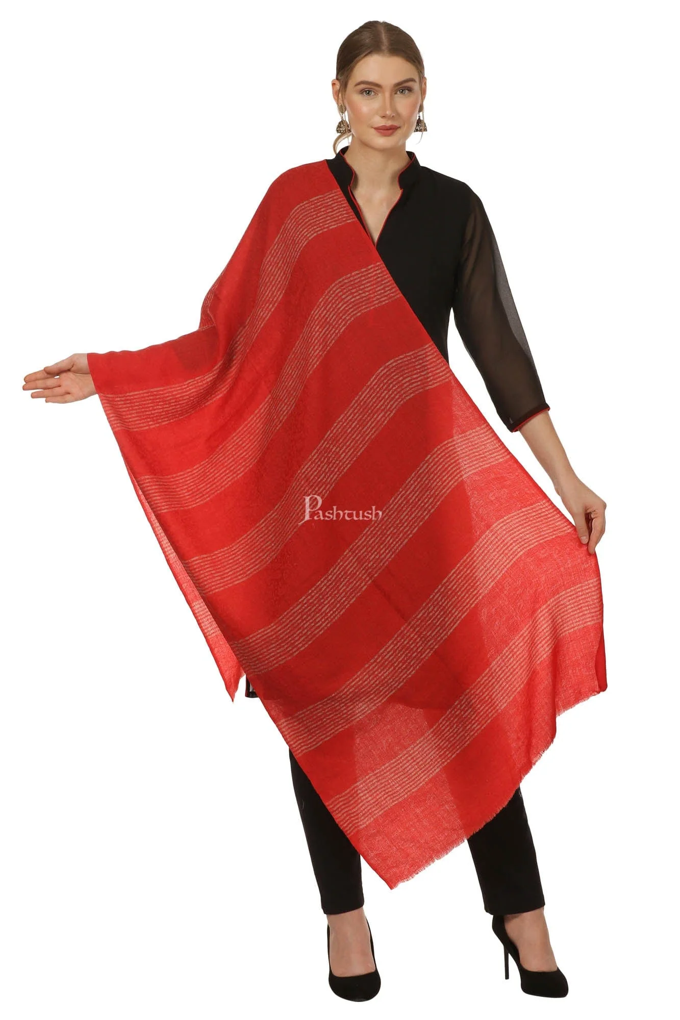Pashtush Women'S Reversible Blended Fine Wool Stole - Red - Image 3
