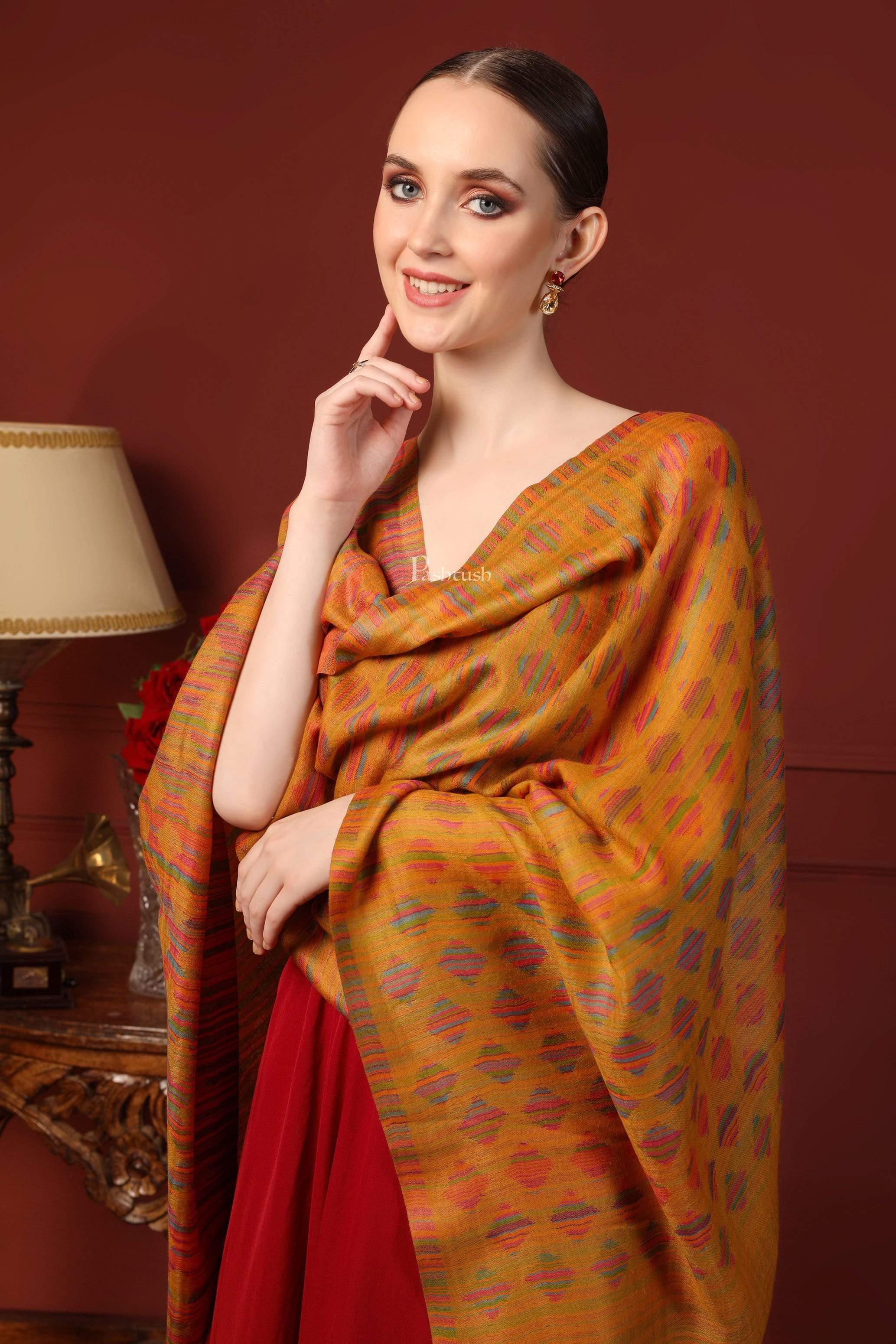 Pashtush Womens Reversible Stole, 100% Pure Wool With Woolmark Certification, Mustard