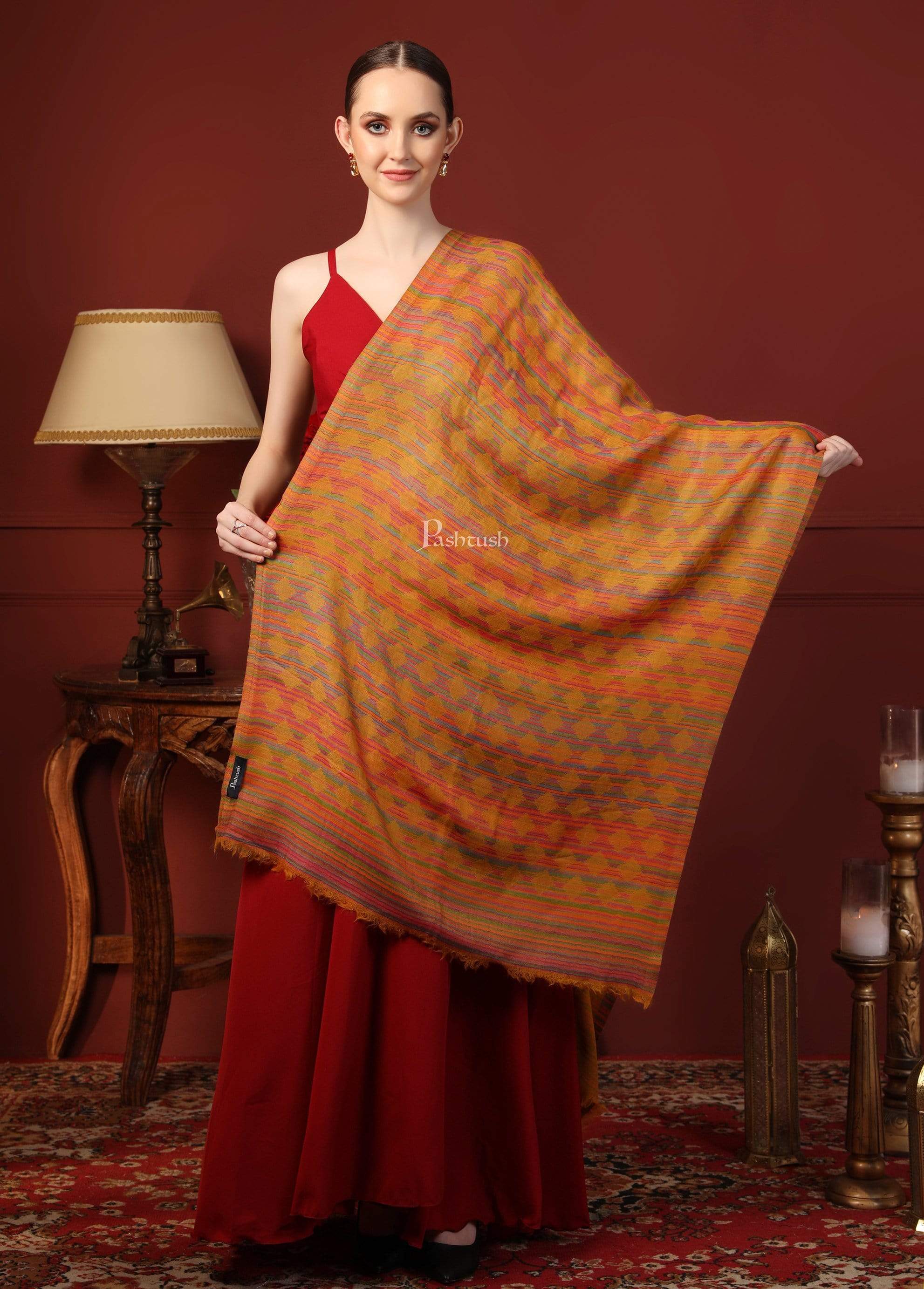 Pashtush Womens Reversible Stole, 100% Pure Wool With Woolmark Certification, Mustard - Image 3