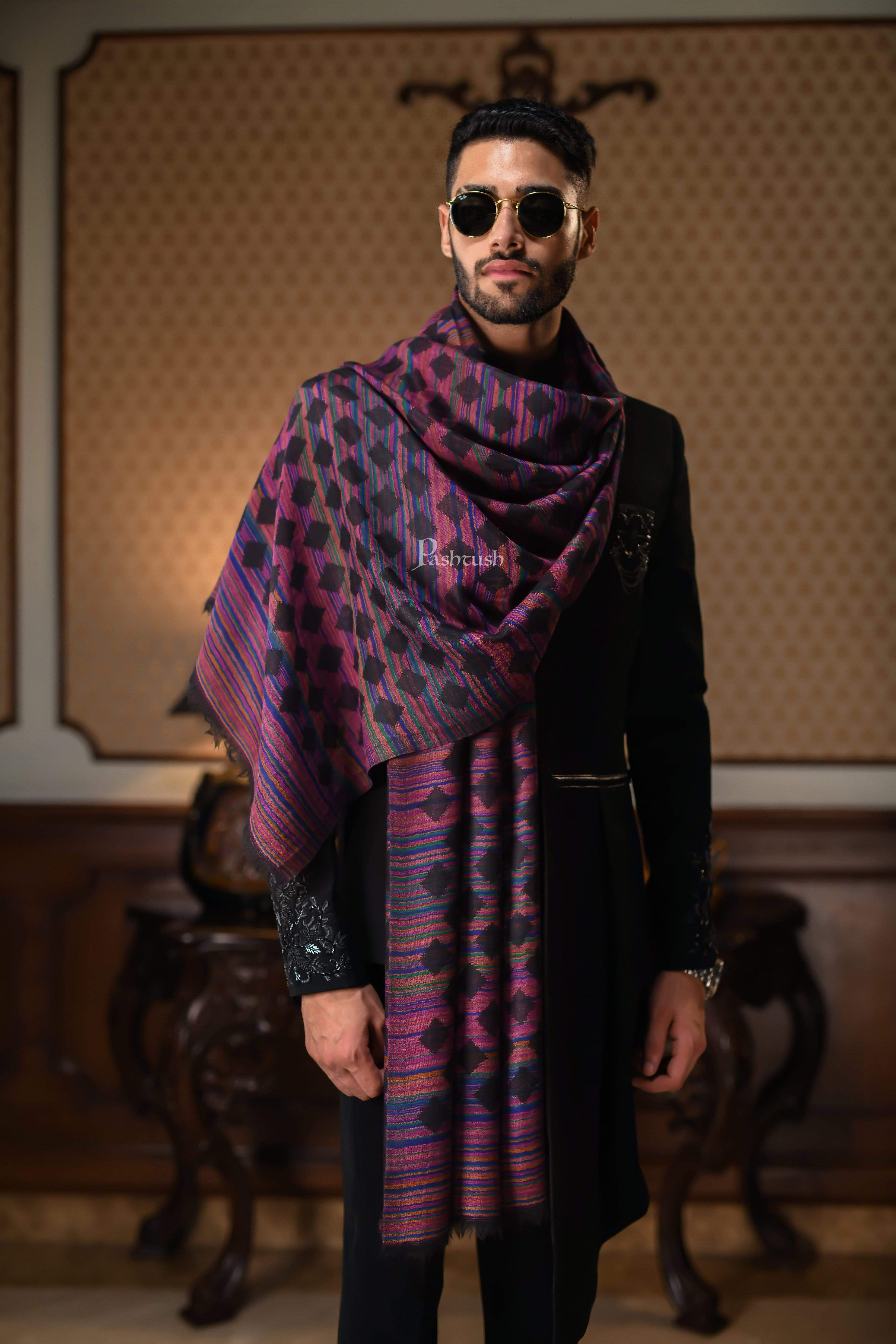 Pashtush Mens Reversible Stole, 100% Pure Wool With Woolmark Certification, Multi Coloured - Image 4