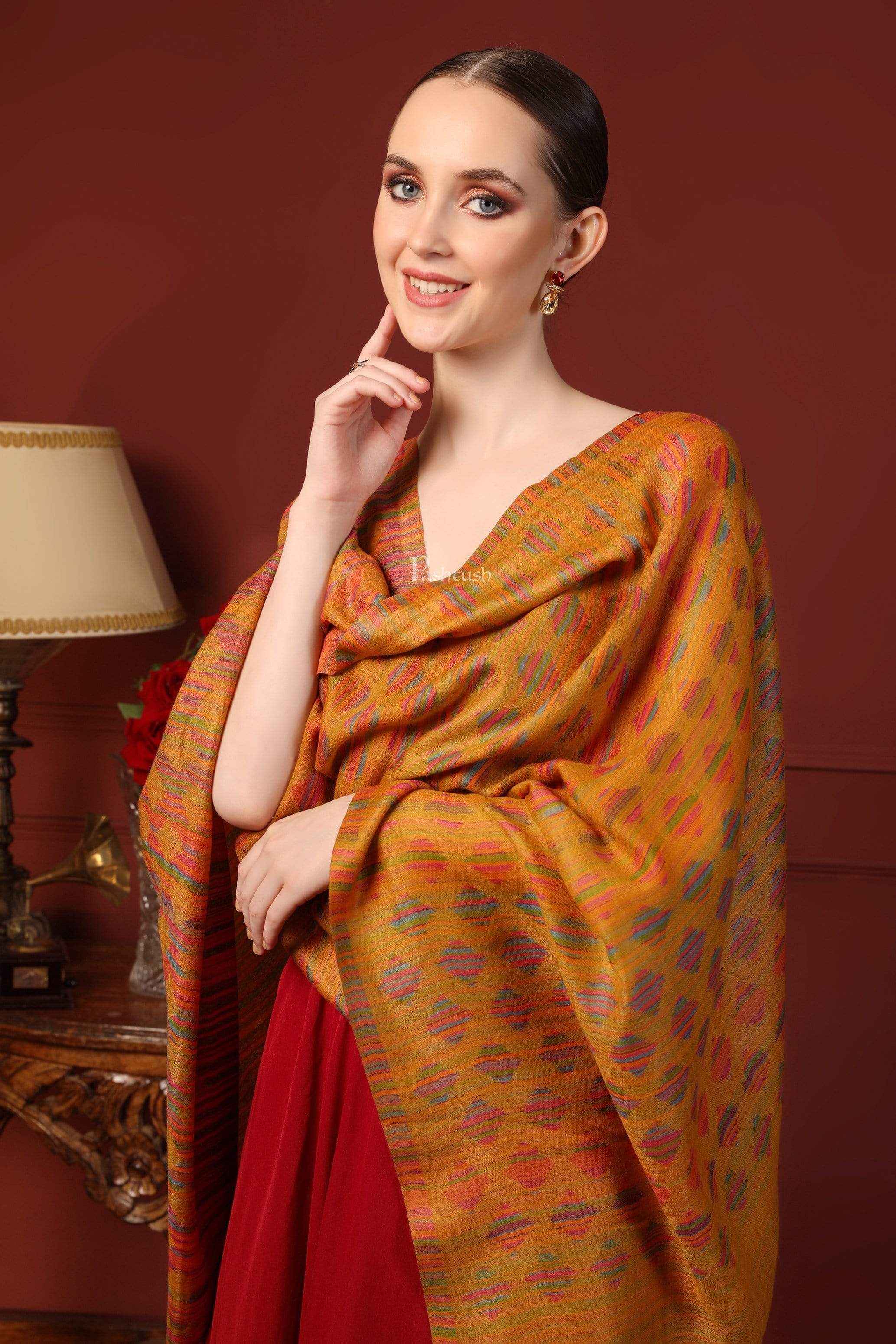 Pashtush Womens Reversible Stole, 100% Pure Wool With Woolmark Certification, Mustard