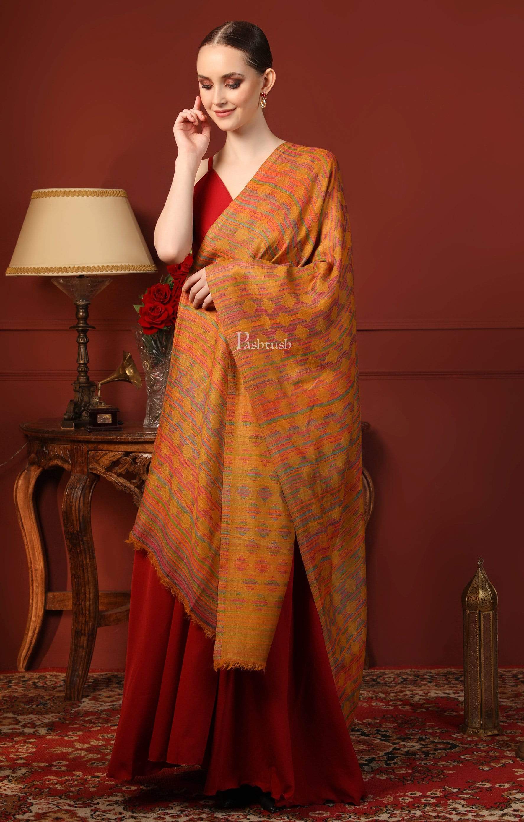 Pashtush Womens Reversible Stole, 100% Pure Wool With Woolmark Certification, Mustard - Image 3