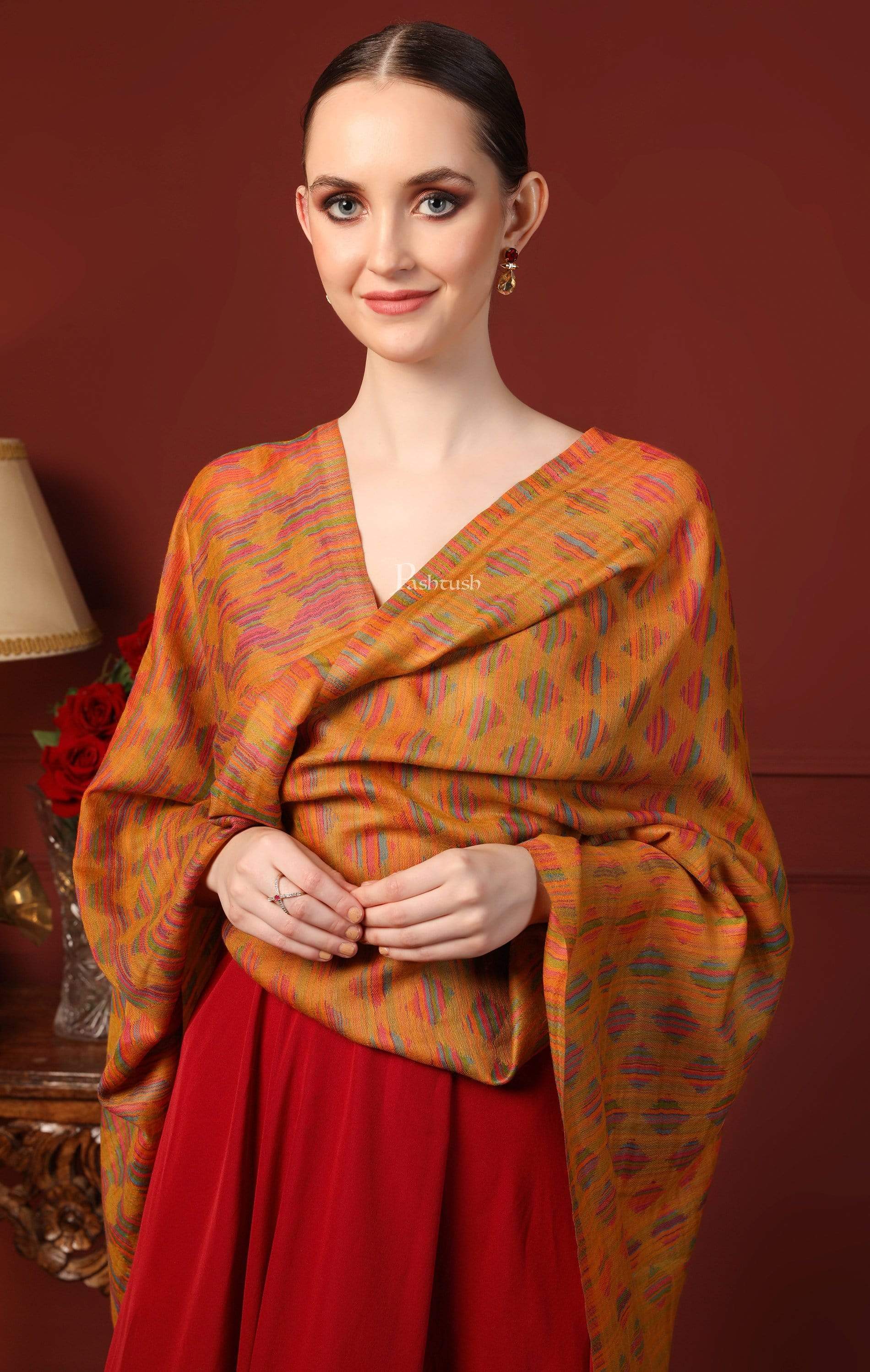 Pashtush Womens Reversible Stole, 100% Pure Wool With Woolmark Certification, Mustard - Image 5