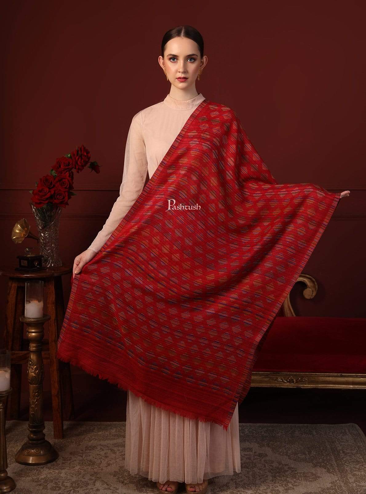 Pashtush Womens Reversible Stole, 100% Pure Wool With Woolmark Certification, Red - Image 4