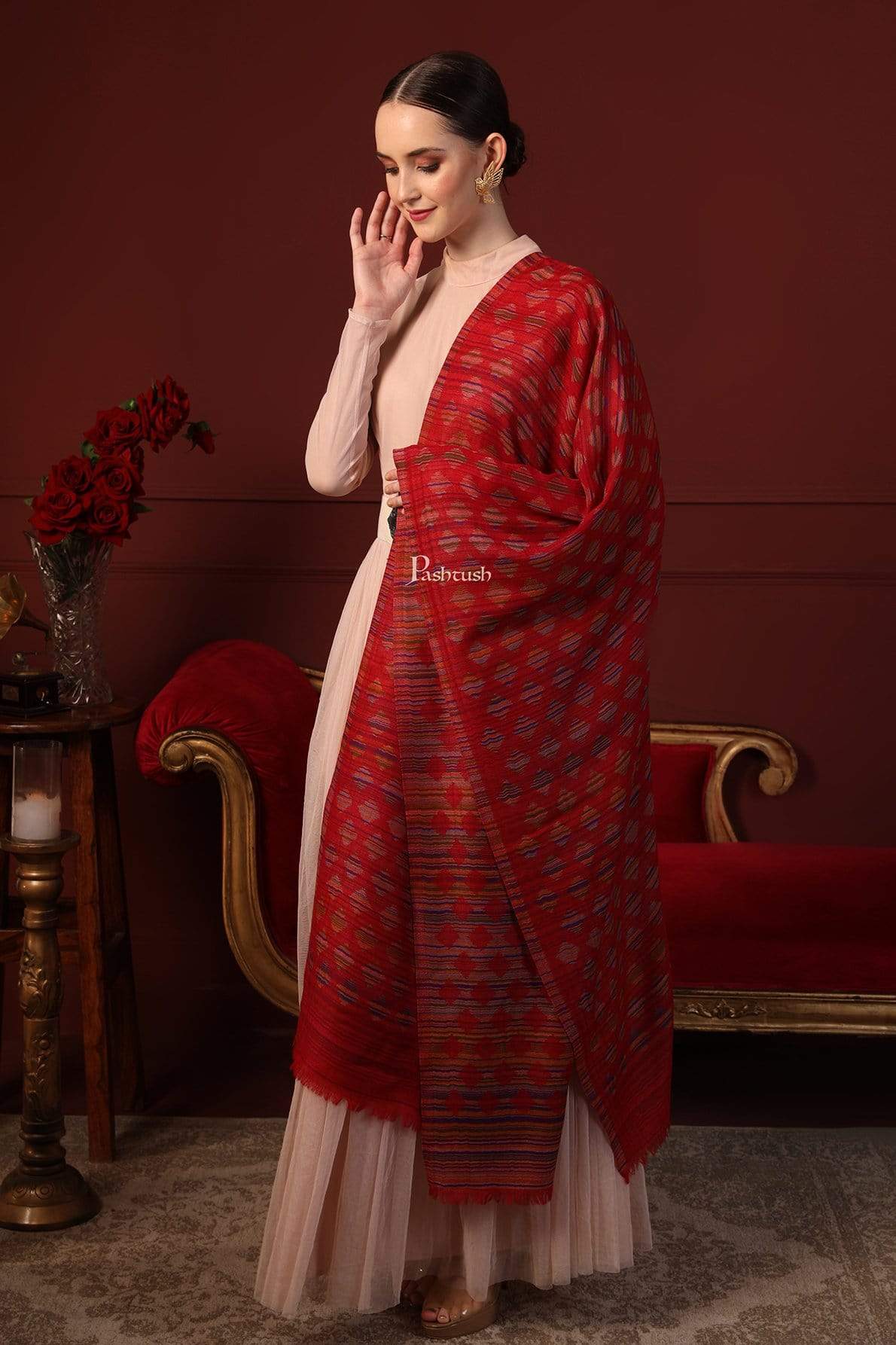 Pashtush Womens Reversible Stole, 100% Pure Wool With Woolmark Certification, Red - Image 5
