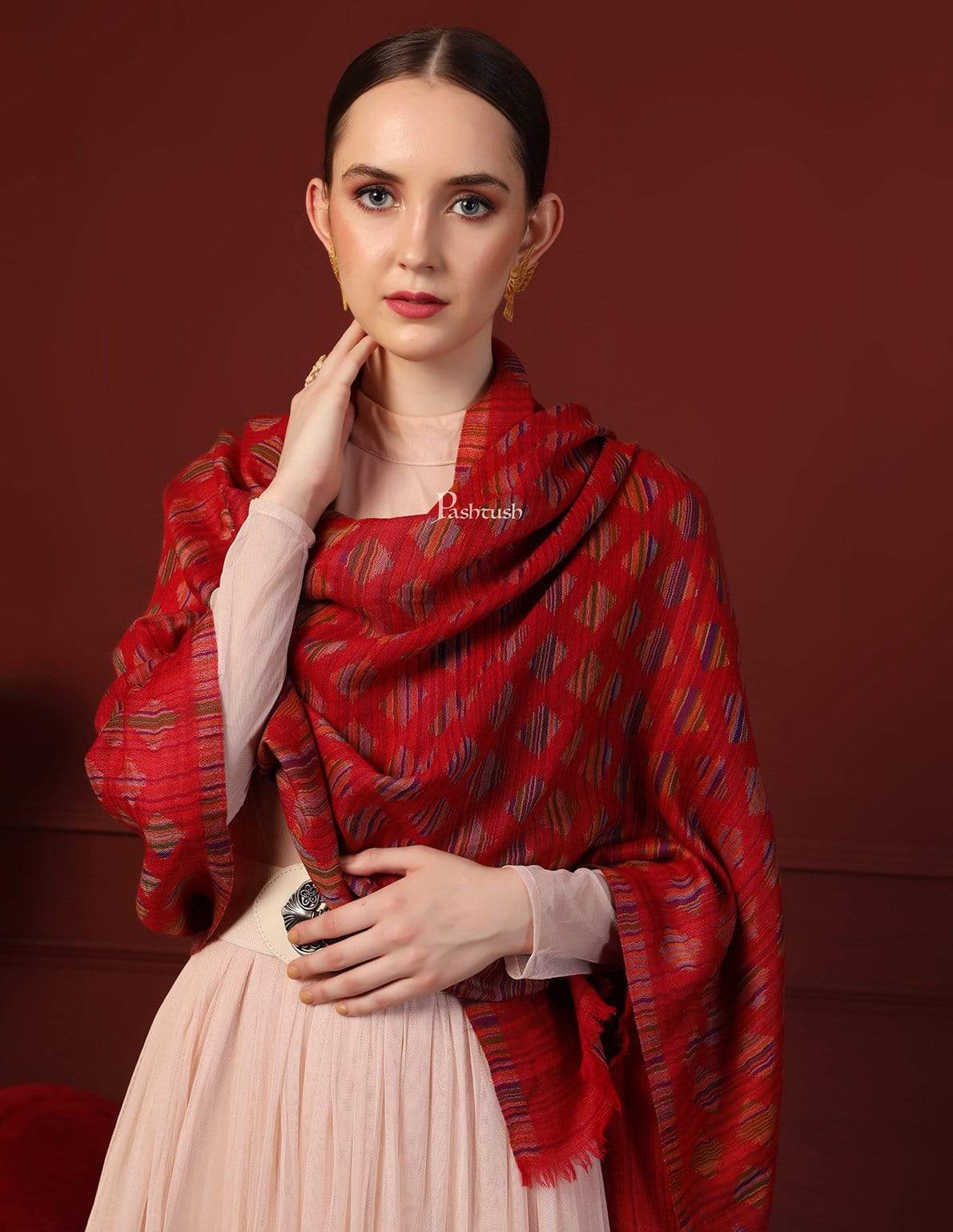 Pashtush Womens Reversible Stole, 100% Pure Wool With Woolmark Certification, Red - Image 6