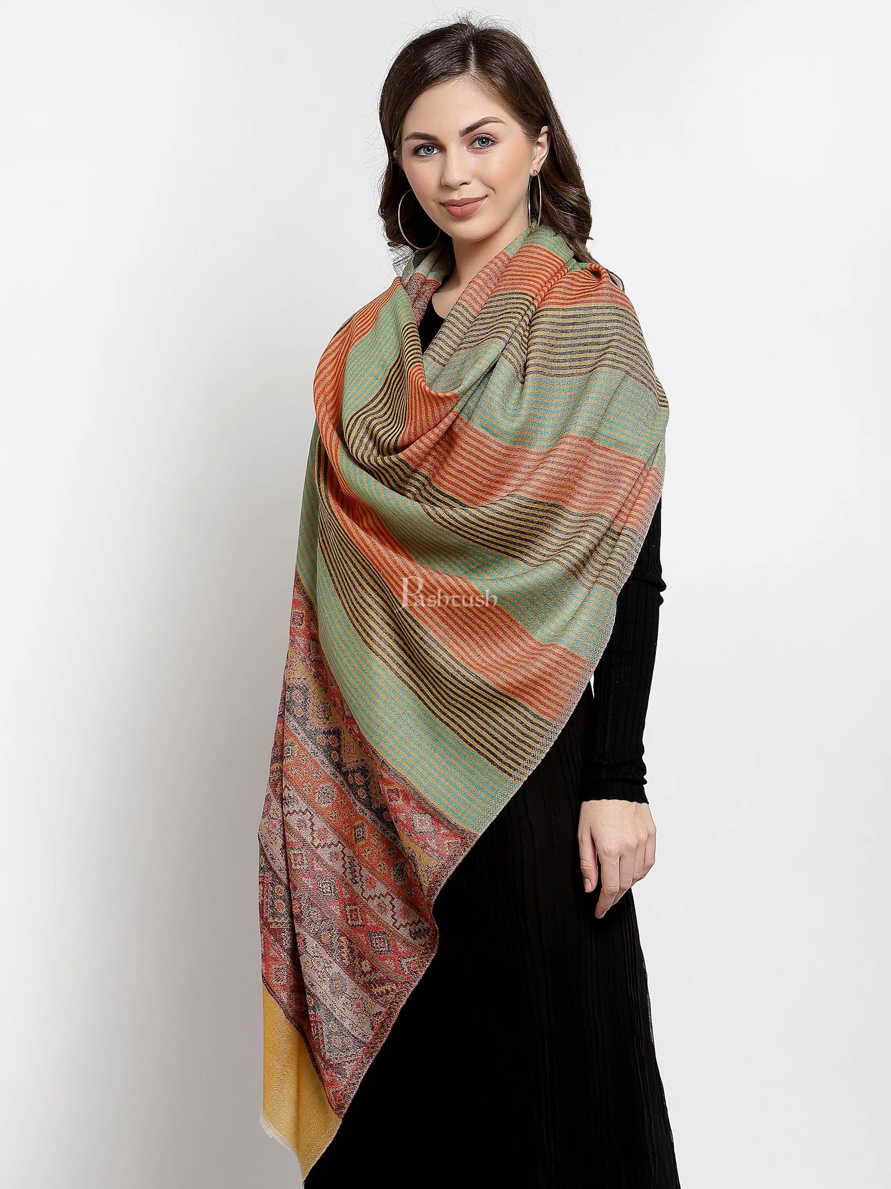 Pashtush Women'S Reversible Stole, Aztec Weave Scarf, Fine Wool, Multicolored