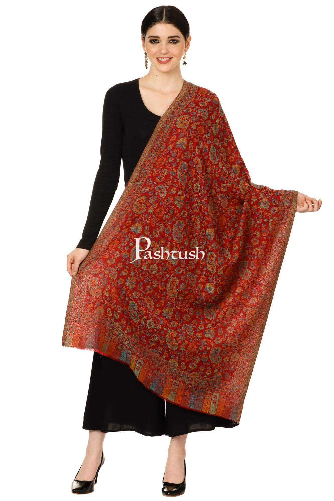 Pashtush Women'S Soft Wool, Reversible Stole, Scarf, Ethnic Weave, Deep Maroon