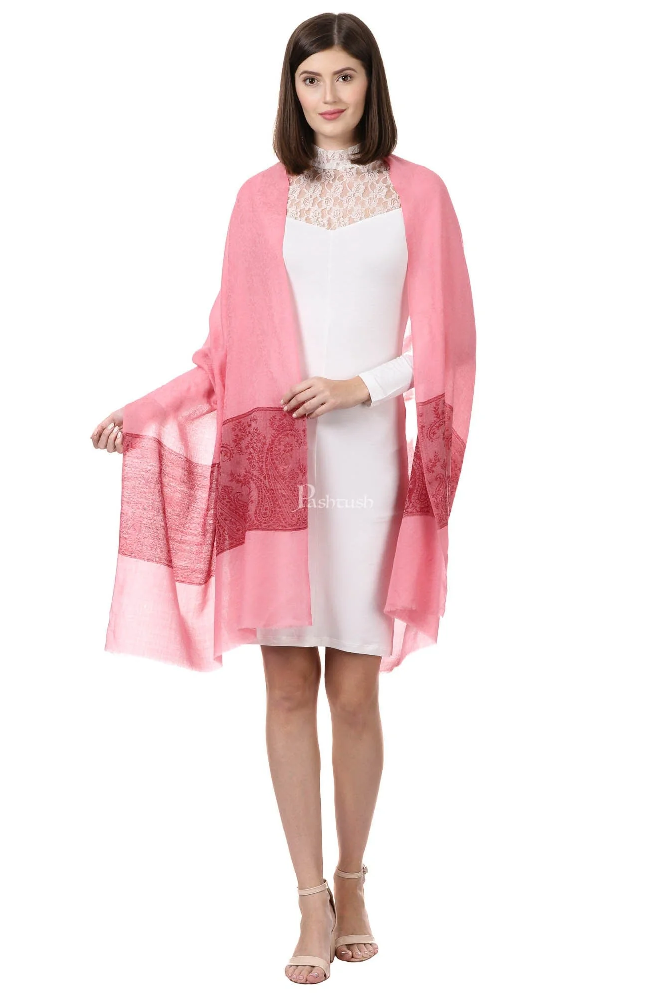 Pashtush Women'S Reversible Stole, Chanting Paisley Weave Scarf, Powder Pink