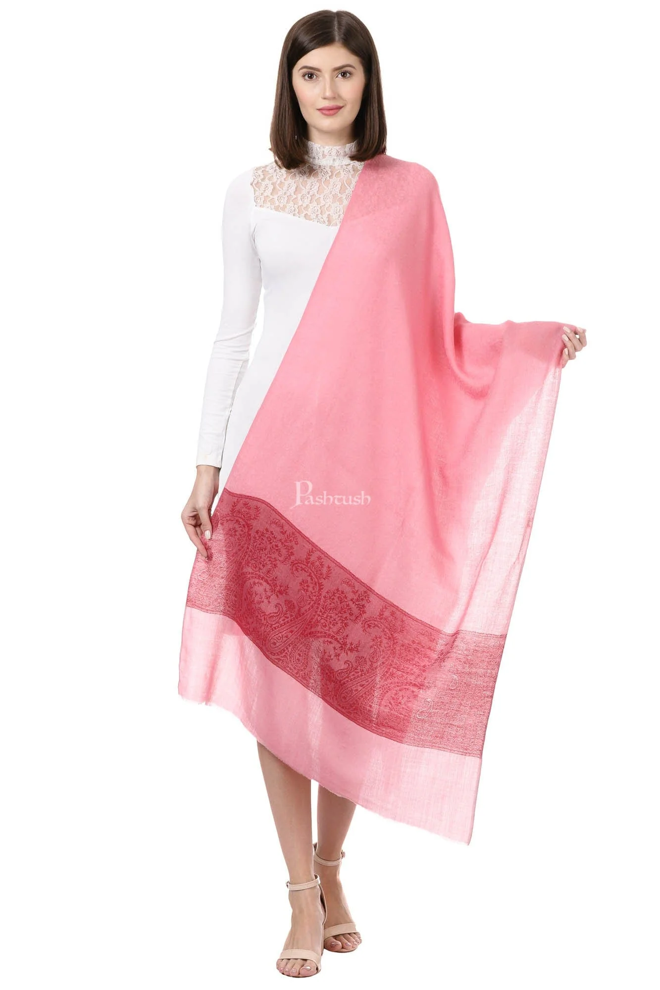 Pashtush Women'S Reversible Stole, Chanting Paisley Weave Scarf, Powder Pink - Image 4