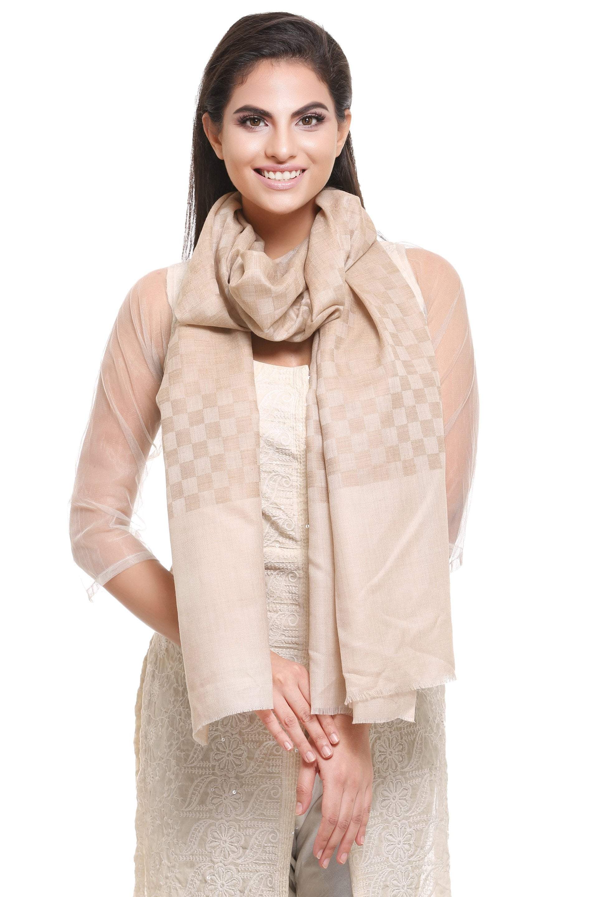 Pashtush Women'S Reversible Stole, Checkered Design (Beige) - Image 3