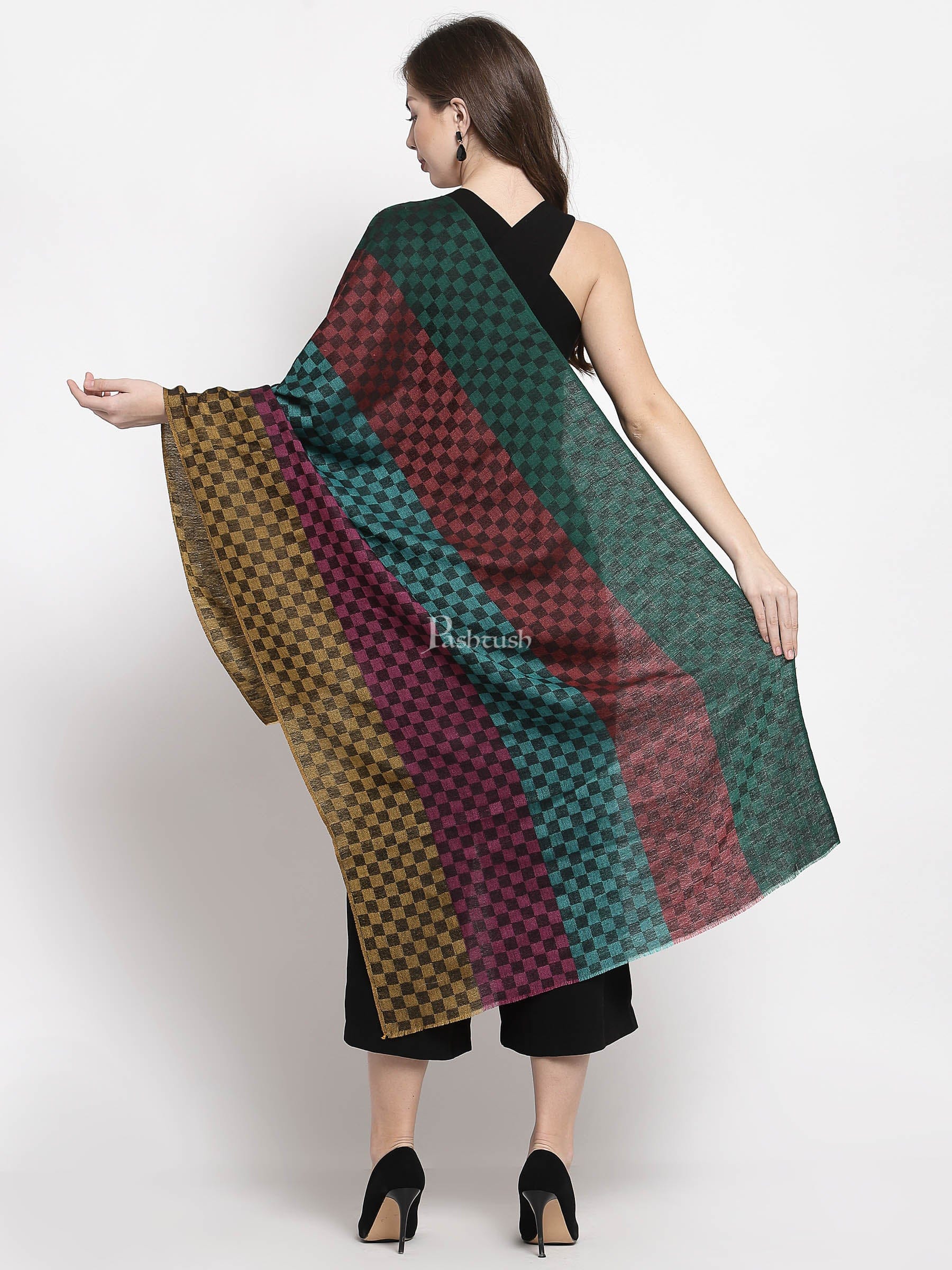 Pashtush Women'S Reversible Stole, Checkered Design Multi Coloured Checks ( Permanent Collection) - Image 3