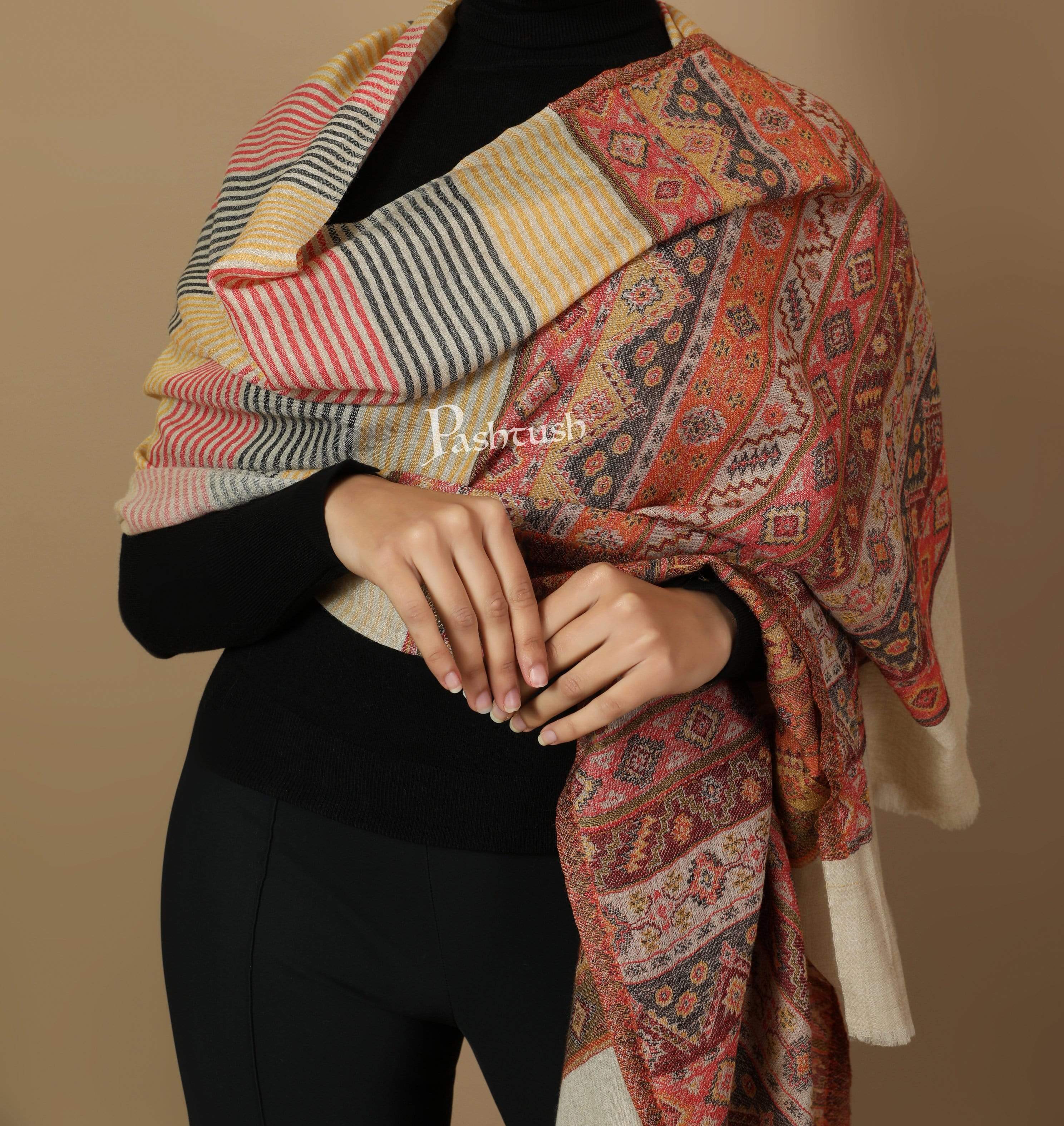 Pashtush Women'S Reversible Stole, Aztec Weave Scarf, Beige