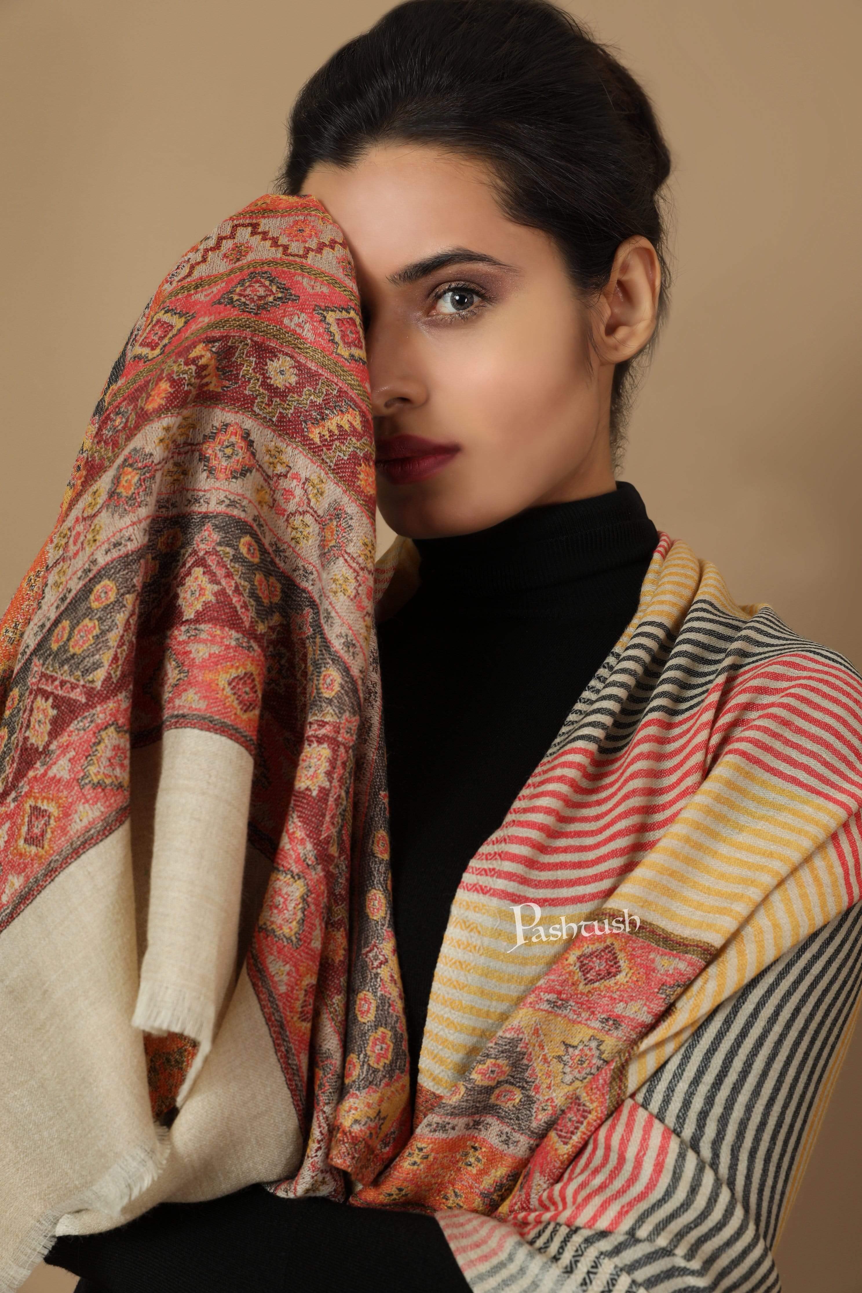 Pashtush Women'S Reversible Stole, Aztec Weave Scarf, Beige - Image 5