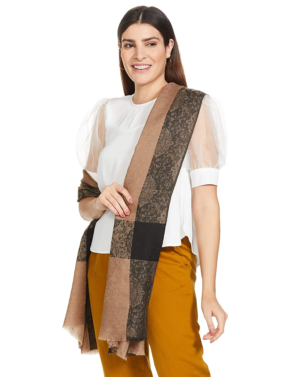 Pashtush Women'S Reversible Stole, With Paiseley Weave, Neutral Beige And Black - Image 7