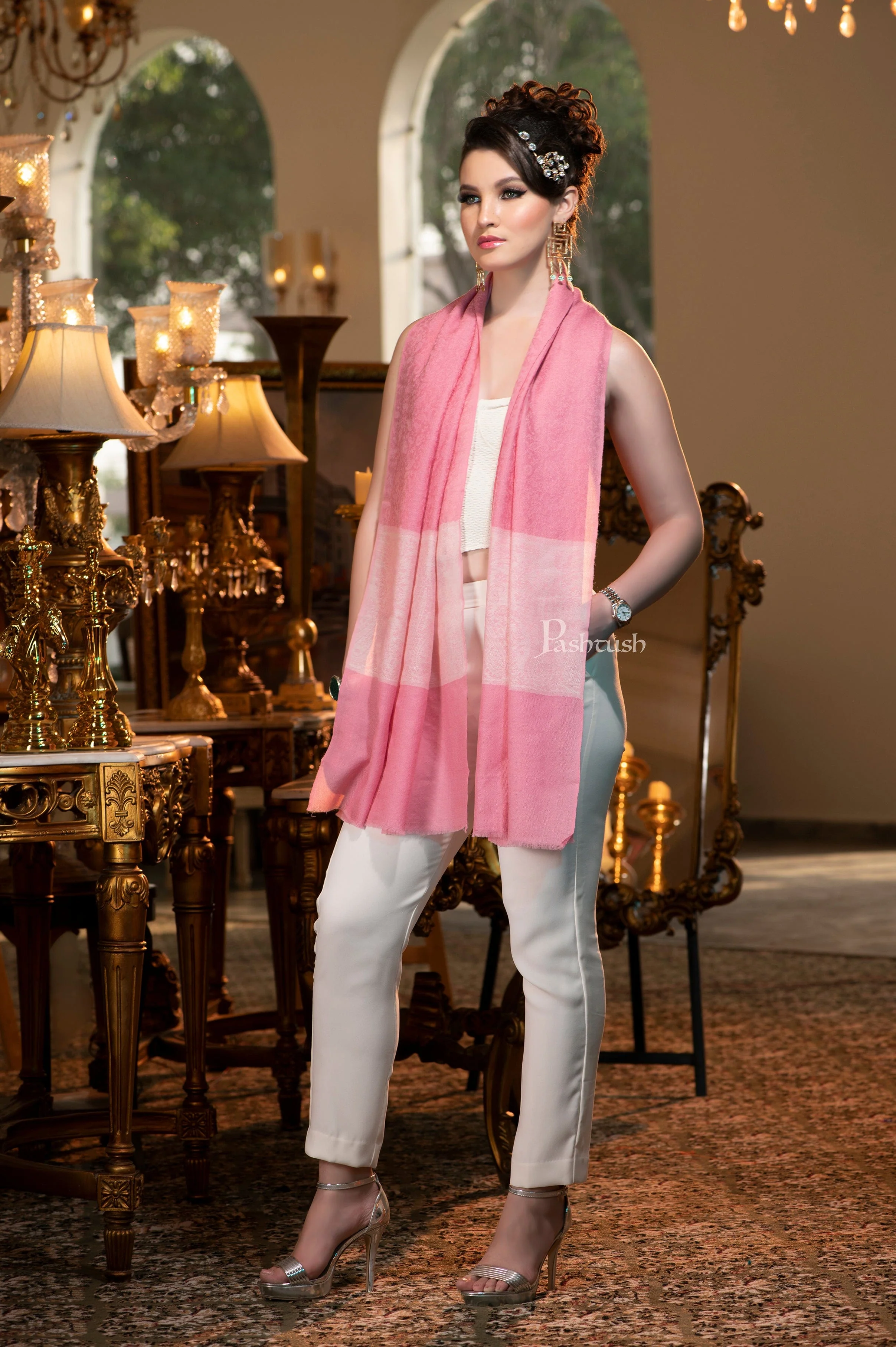 Pashtush Women'S Reversible Stole, With Paiseley Weave, Soft Pink