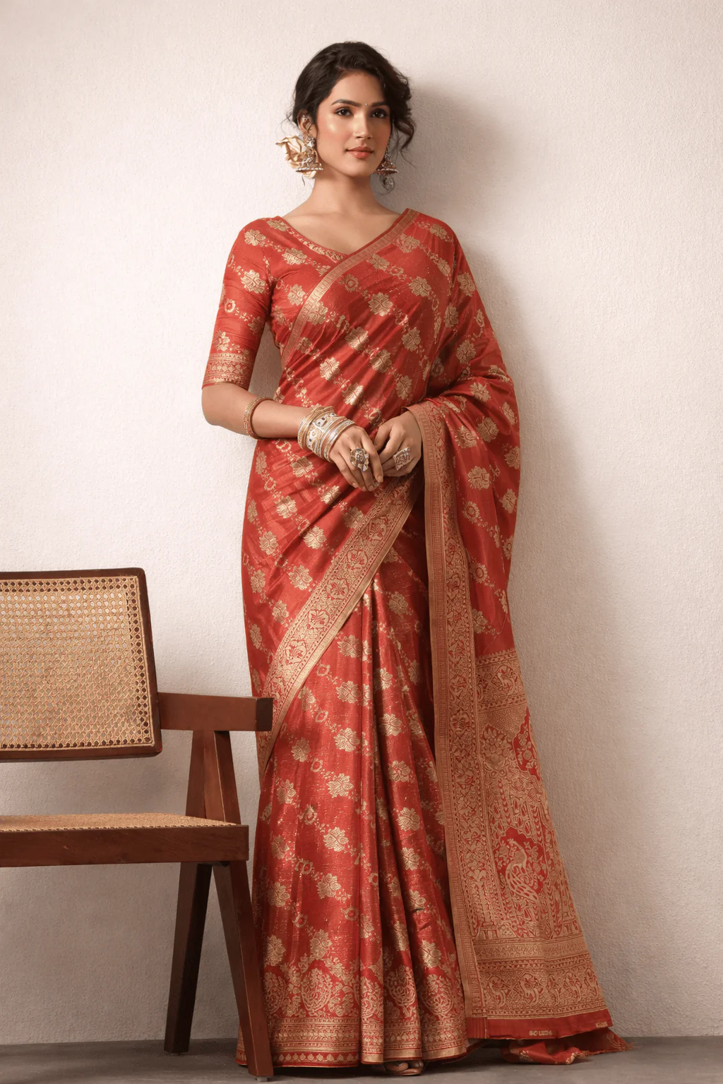 Pashtush Womens Saree, Woven Art-Silk, Zari Weave Design, Rust - Image 2
