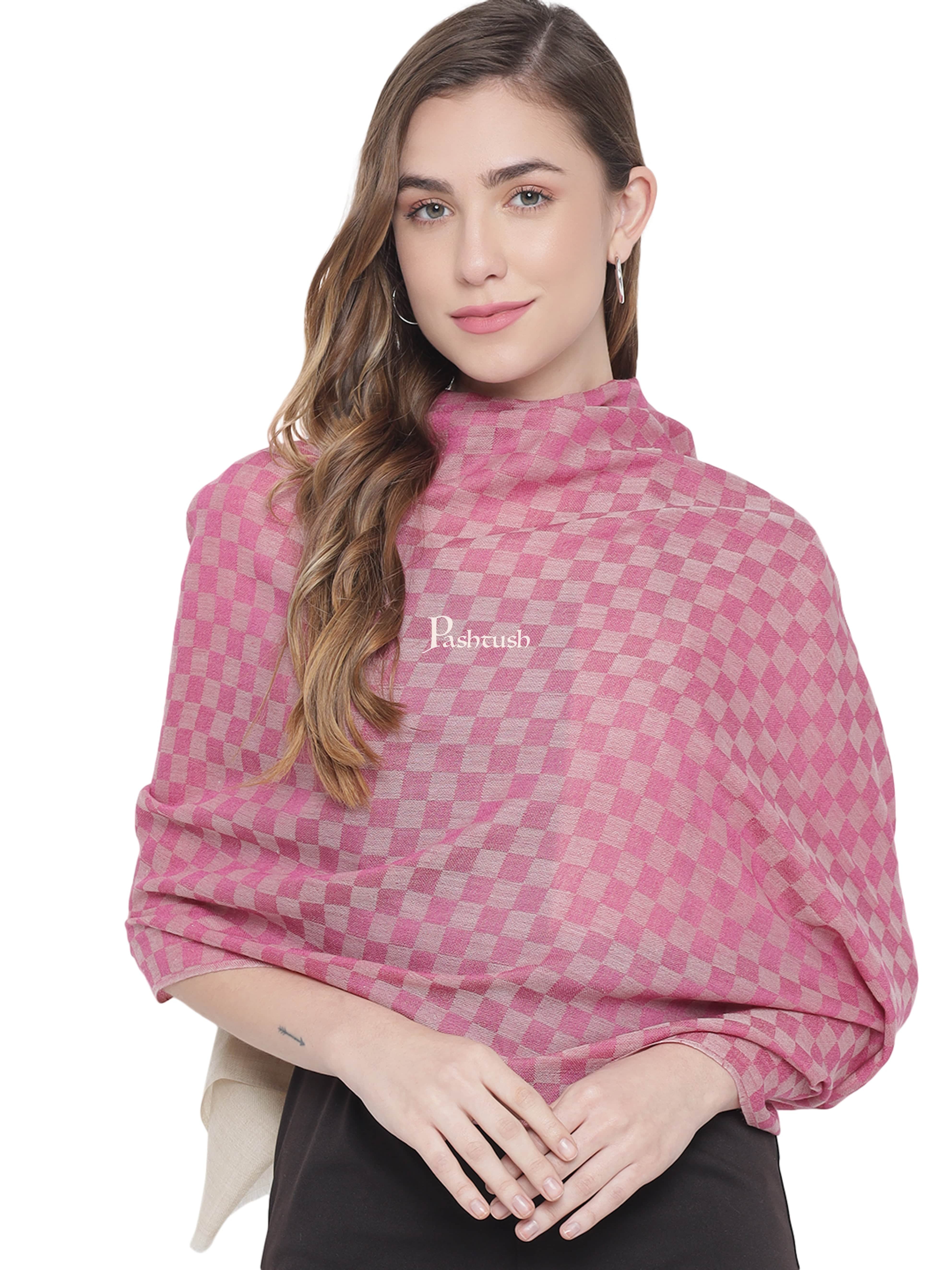 Pashtush Womens Self Stole, Fine Wool, Checkered Weave, Soft and Warm, Pink - Image 5