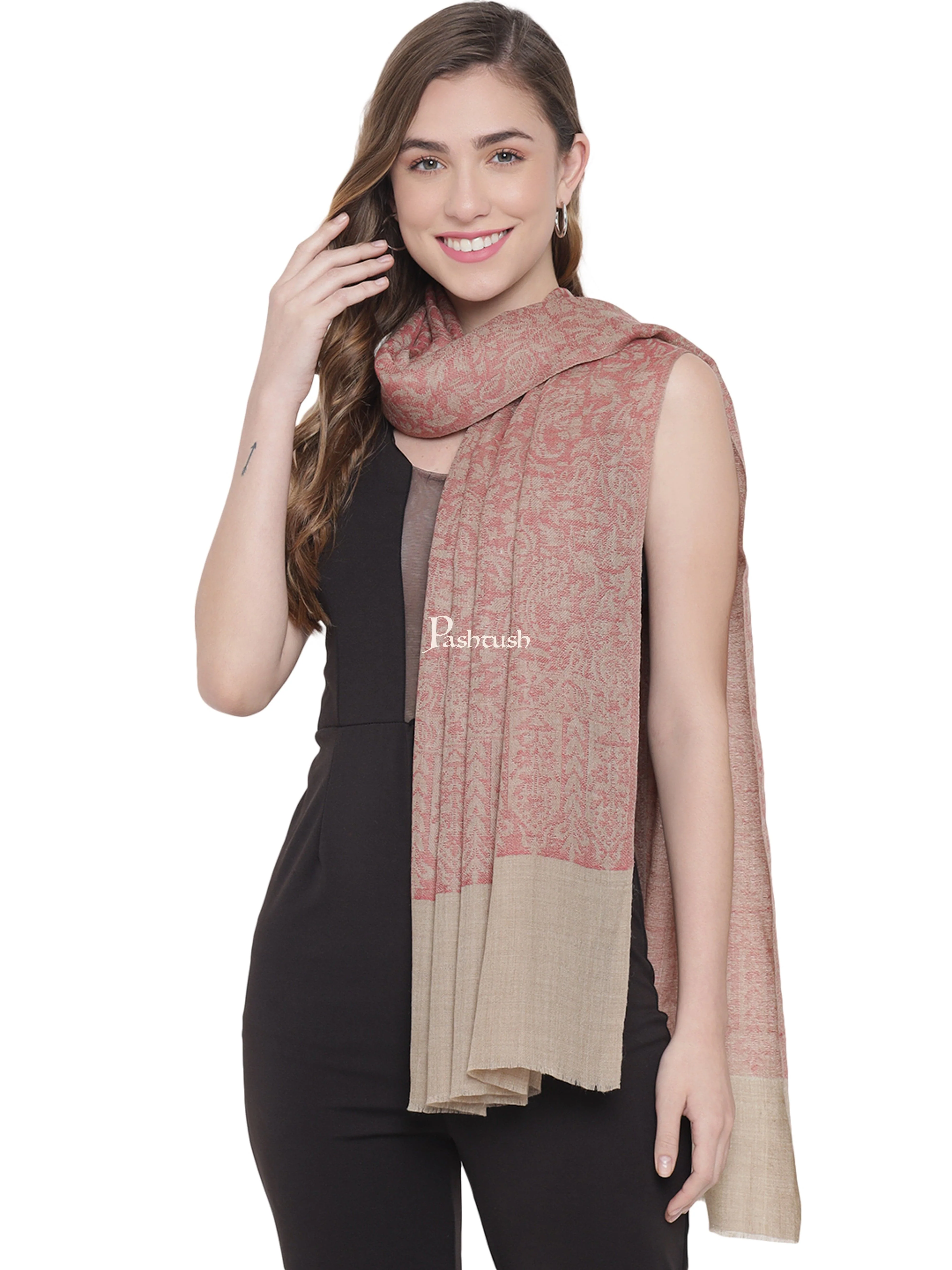 Pashtush Womens Self Stole, Fine Wool, Paisley Weave, Beige and Maroon - Image 4