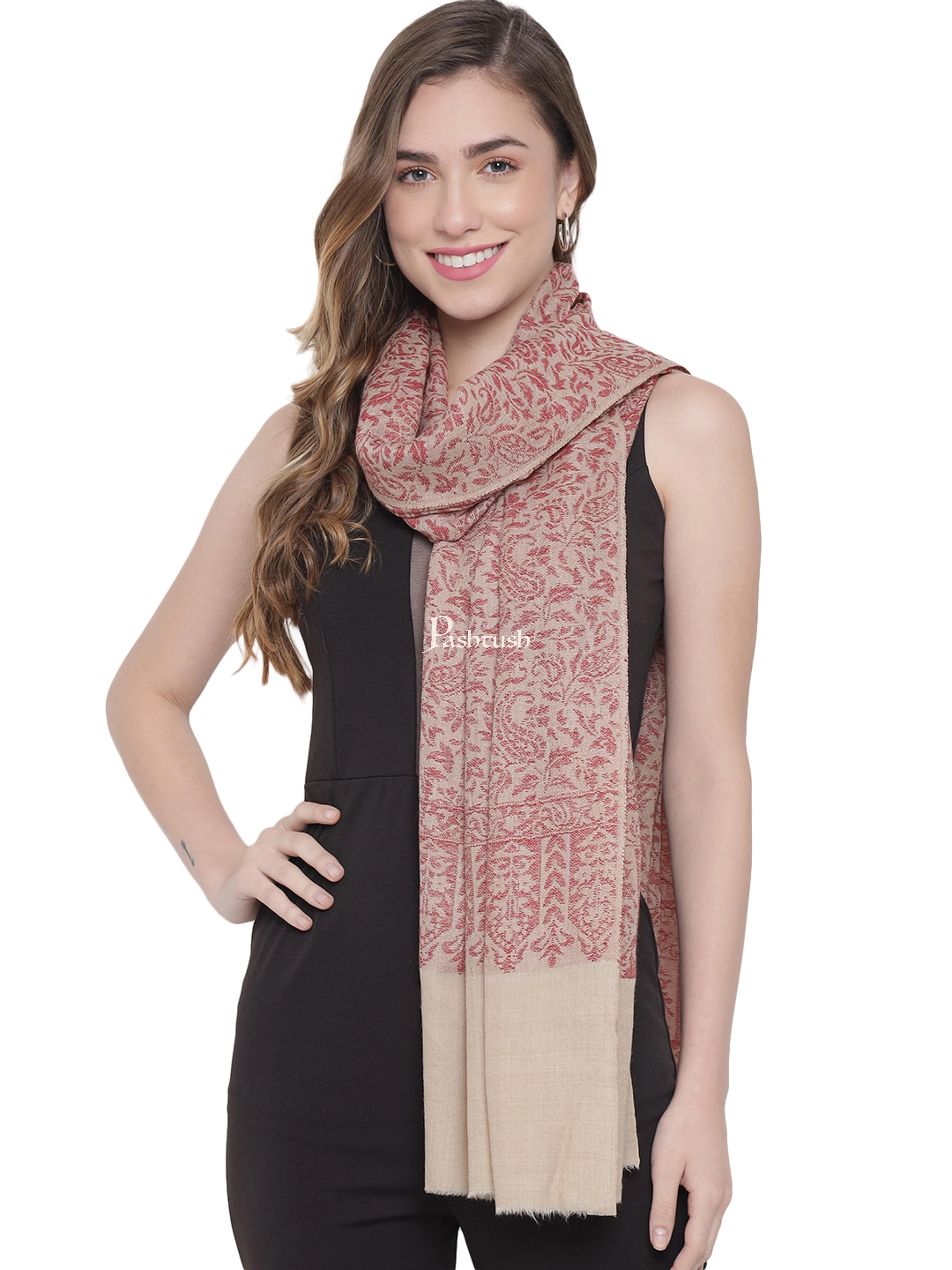 Pashtush Womens Self Stole, Fine Wool, Paiseley Weave, Beige and Red - Image 5