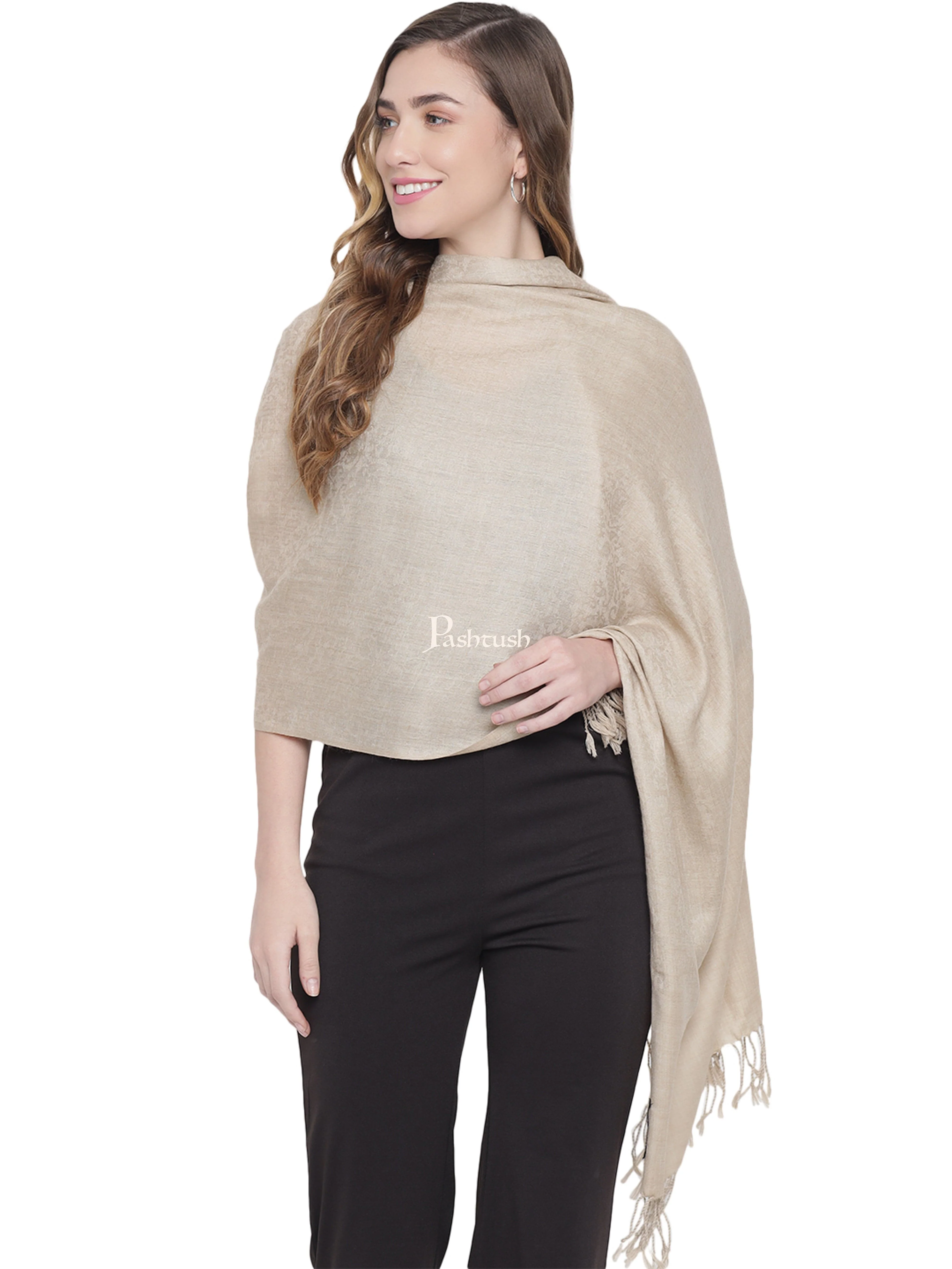 Pashtush Womens Self Stole, Fine Wool, Paisley Weave, Beige - Image 4