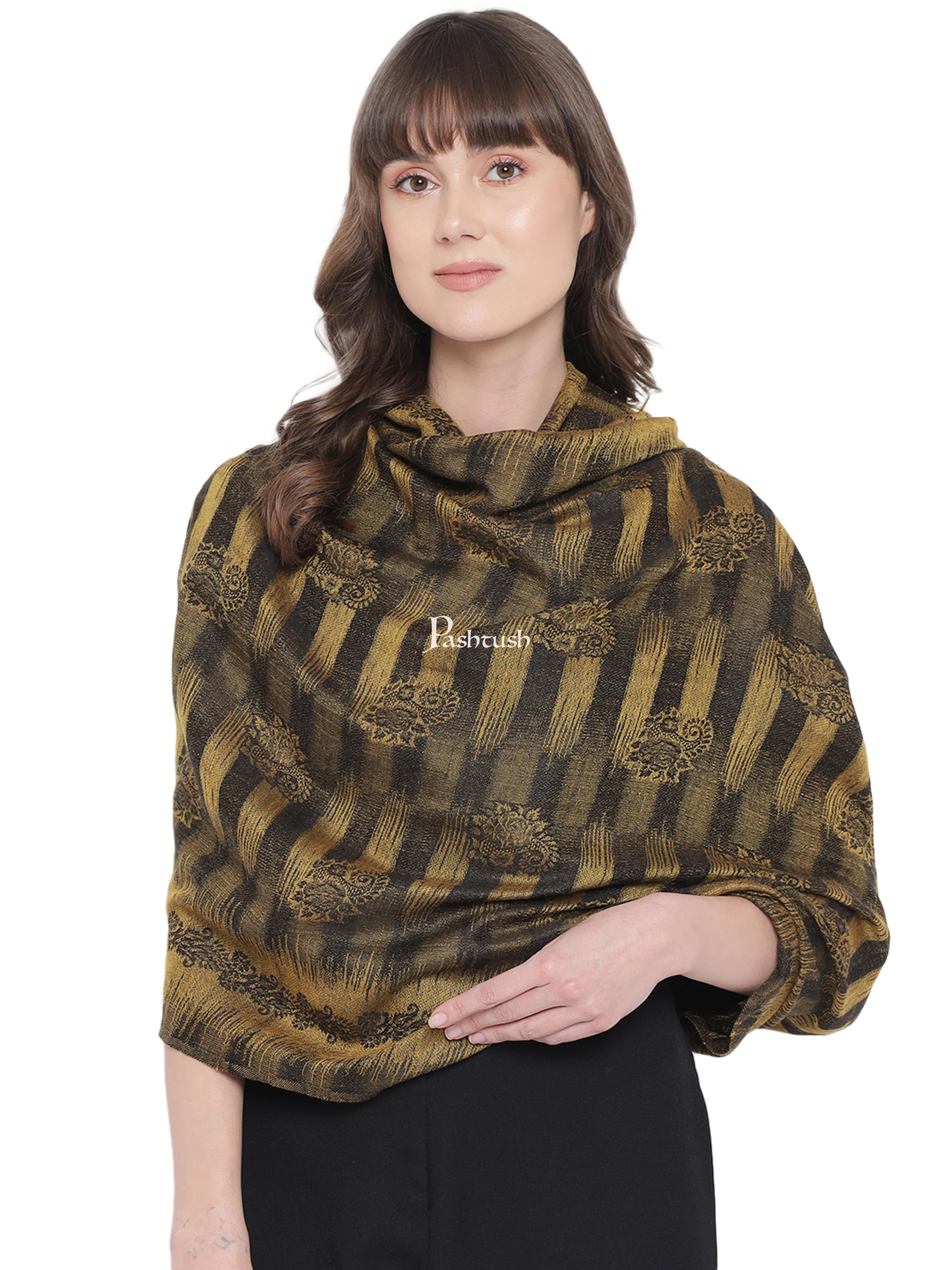 Pashtush Womens Self Stole, Fine Wool, Paisley Weave, Black